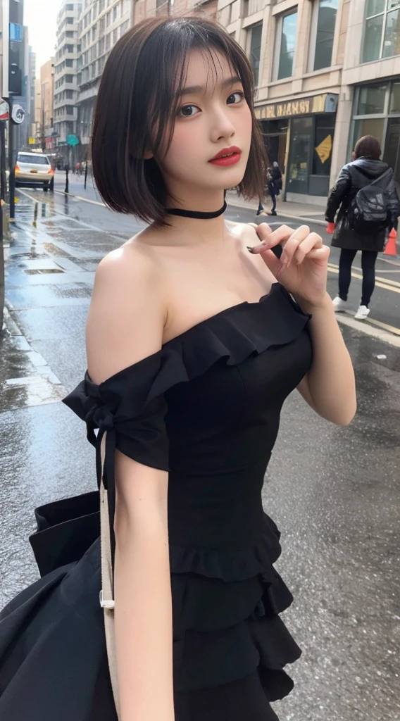 Black dress posing for photo, beautiful asian girl, Korean girl, cute thin face of girl, young woman, short hair, sakimichan, ((best quality, 8k, masterpiece: 1.3)), focus: 1.2, perfect body beauty: 1.4, buttocks: 1.2, ((layered haircut, beautiful breasts: 1.2)), (wet clothes: 1.1) , (Rain, Street:1.3), bandeau dress: 1.1, Highly detailed face and skin texture, Delicate eyes, double eyelids, whitened skin, long hair, (shut up: 1.3), after rain, (sky rainbow: 1.1), (black dress: 1.2), gorgeous streets