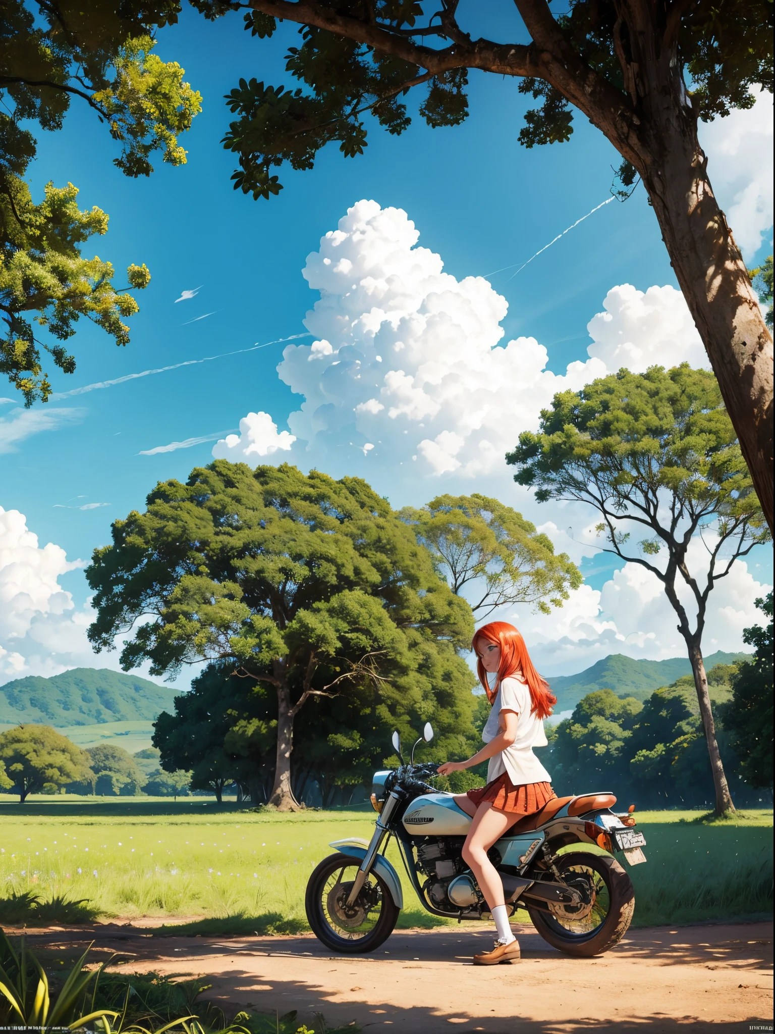 anime scene, tropical field in day light, clear sky, puffy clouds, beautiful anime landscape, anime movie background, high quality desktop wallpaper, landscape wallpaper, from very distance under teak tree, there is a pretty redhead pale girl, freckles skin, wearing short skirt, sitting on a old classic 70s motorcycle