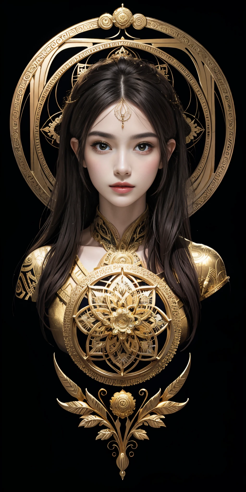 (masterpiece, top quality, best quality, official art, beautiful and aesthetic:1.2), (1girl), extreme detailed,colorful,highest detailed, official art, unity 8k wallpaper, ultra detailed, beautiful and aesthetic, beautiful, masterpiece, best quality, (zentangle, mandala, tangle, entangle) ,holy light,gold foil,gold leaf art,glitter drawing, PerfectNwsjMajic