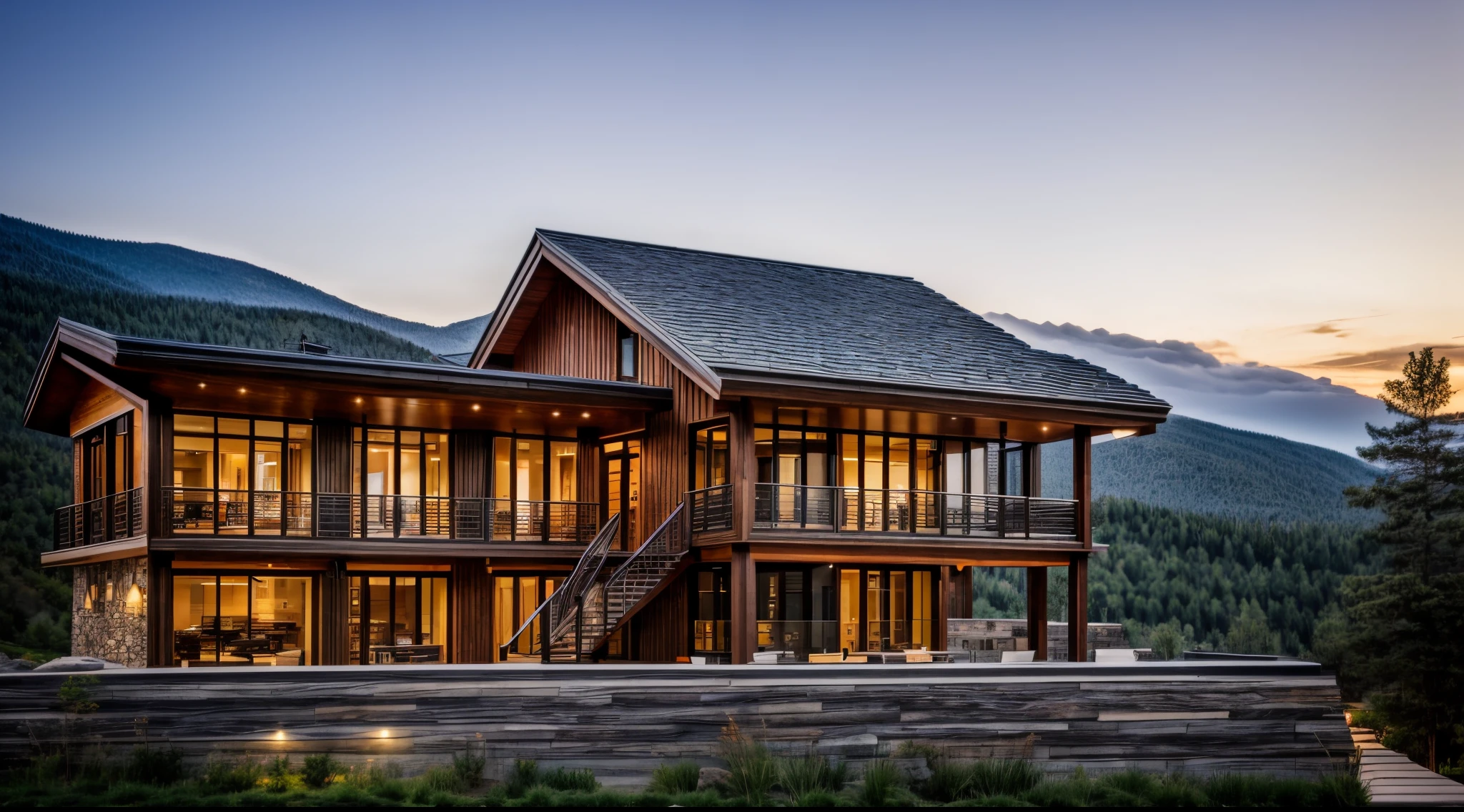 modern architectural style, exterior restaurant, on the half mountain, wooden railing, stone wall