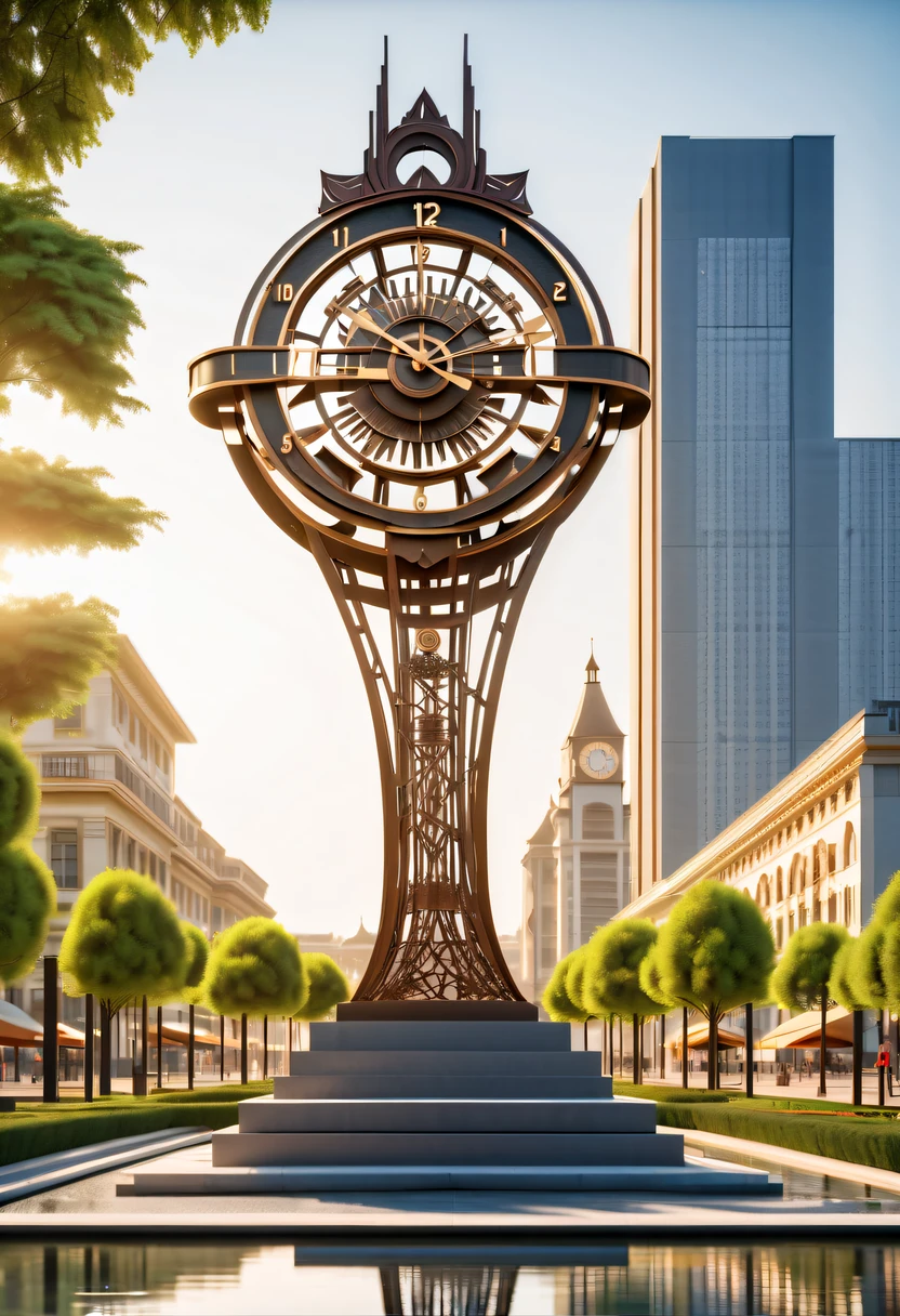 Best quality,4K,8K,A high resolution,tmasterpiece:1.2,beautiful utopian city，(Metal sculpture in the square:1.5),The graduated clock sculpture symbolizes fairness and order,in the style of futuristic,