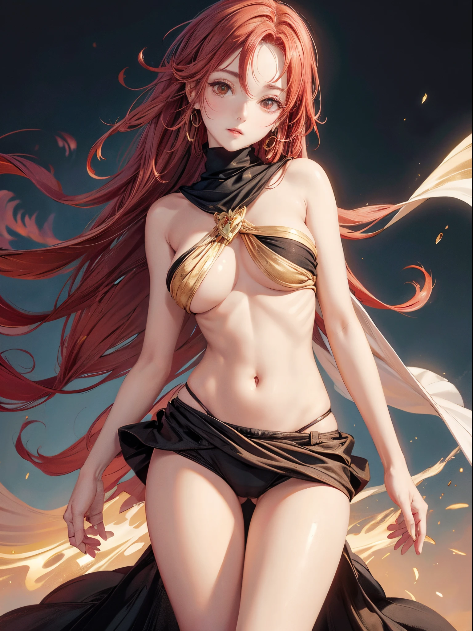 one girl touches her bare breasts, Eyes Covered, rosy cheeks, An expression of pleasure on his face, black and gold panties. red hair.