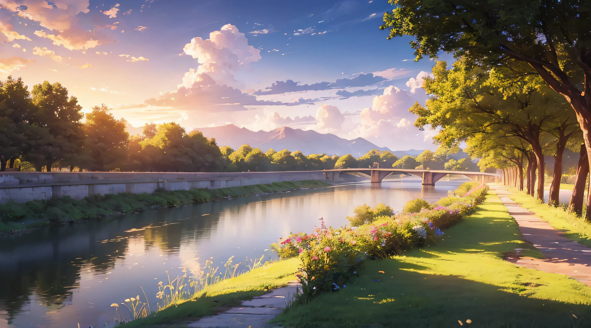 landscapes,a river,Embankments,Walking trail,the setting sun,Anime style,high-detail,high-level image quality,