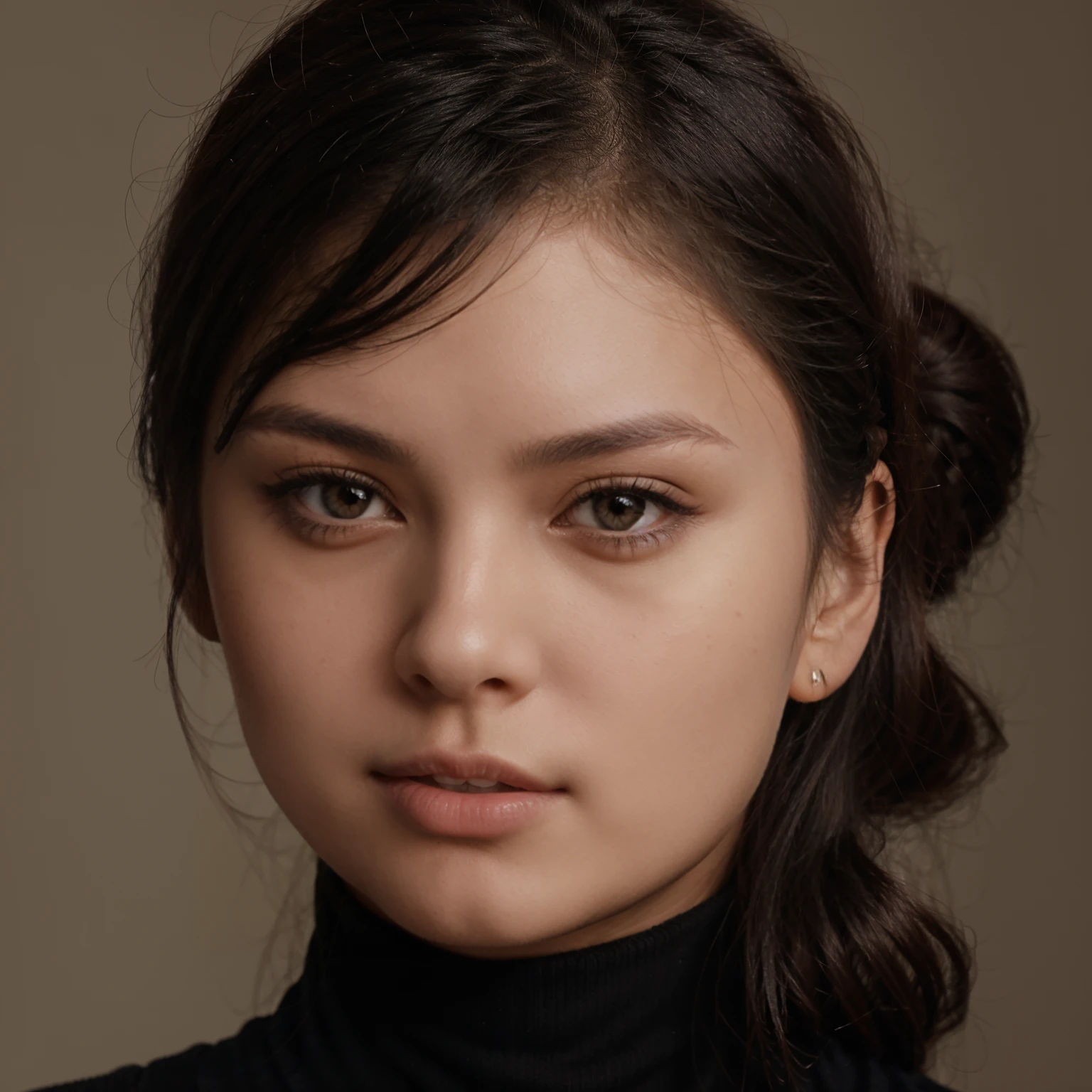 Woman wearing a black turtleneck, hair pulled back, face straight, close-up, cute woman, young woman, Korean model, black