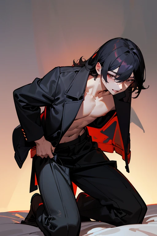 1 Boy, dark hair, ,white shirt, black slacks, black blazer, on sheets, (kneeling:1.0),(((undressing:1.5))),(half-removed jacket:1.8),(bare one's shirt:1.0),(open clothes:1.5), cool, (sexy:1.8), Fascinating, evil smile,(parted lips), pale skin,(background: on bed in bedroom, sunset outside, dimly lit room, lamp light, soft lighting),(sunset:1.0), The dim,(Facing forward.:1.0),(Looking forward:1.0), Turn body to the front, (night:1.0), high quality, high resolution, masterpiece