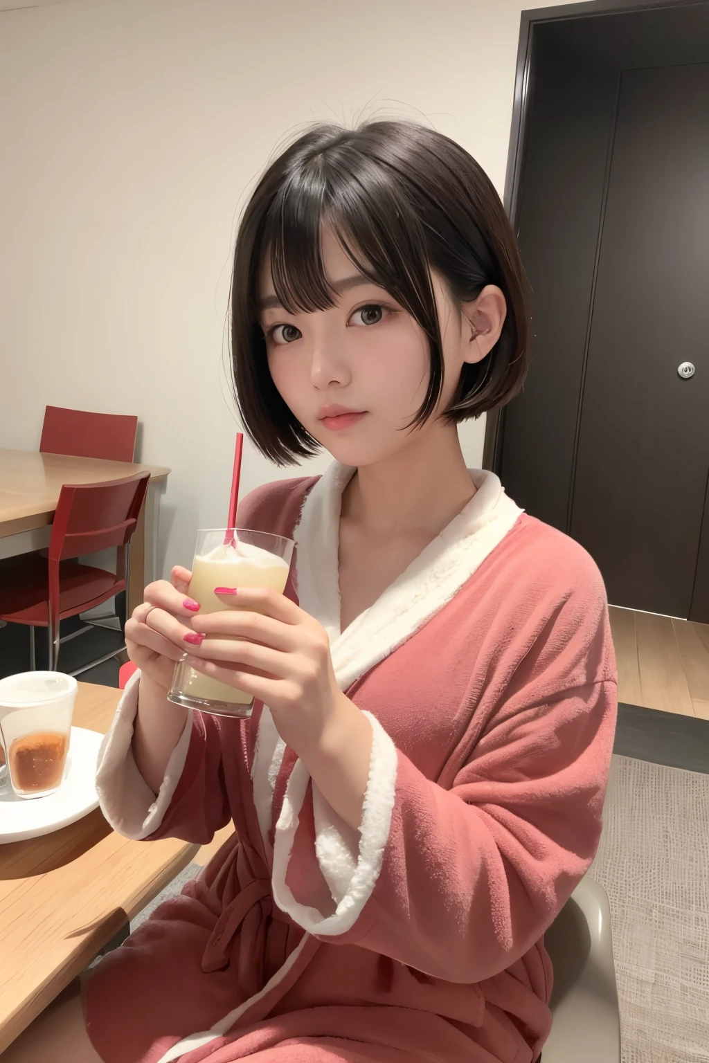 short-cut、A dark-haired、I'm drinking alcohol、home、Dating、cheeks are a little red、During the game、dressing gown