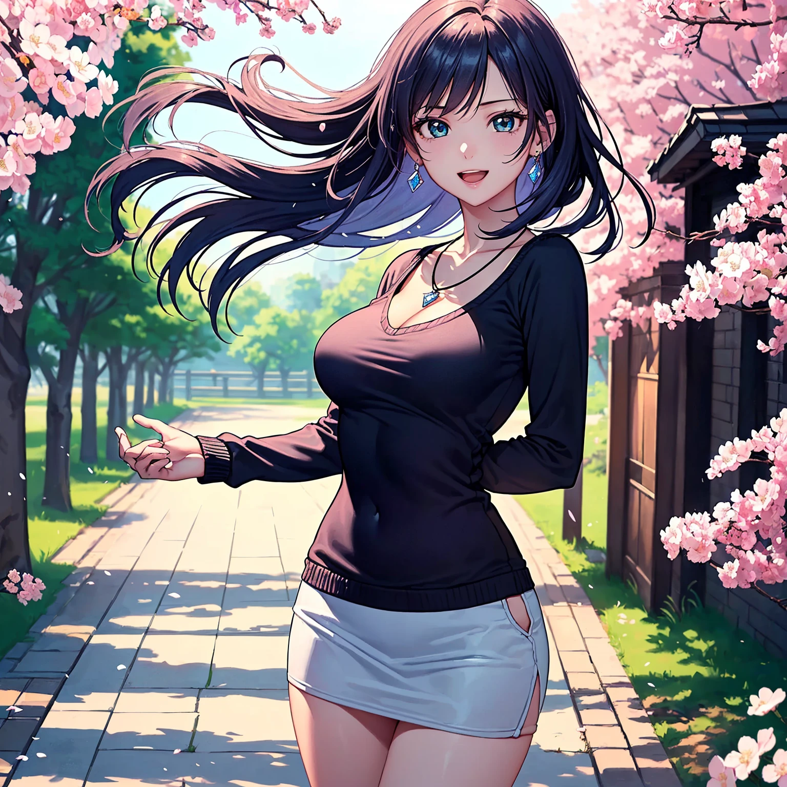 (top quality picture、masterpiece level、very high res、An ultra-high picture quality、High quality pixels)、(1girl in,She is a very beautiful woman、and she is 20 years old、1 person、Single、Beautiful beauties,Beautiful face written in detail,Beautiful body,Strong-willed eyes,beautidful eyes,Beautiful hair,Beautiful skin texture,Beautiful hair quality)、(Slender body and beautiful breasts)、(Lovely smile,Open mouth)、(Wear a sweater with long sleeves,1 diamond necklace,wearing miniskirt,Wearing clothes that expose your shoulders,Beautiful legs are visible,adult-like),(A path lined with flourishing cherry blossom trees,The wind is blowing,Styling hair by hand,hair affected by wind),(Beautiful Art Style,an animated character、The whole picture、Detailed picture、accurate anatomy、Defect-free images、extremely detailed picture、Accurate images、image perfect)、(Best Shot Photo 1.2)