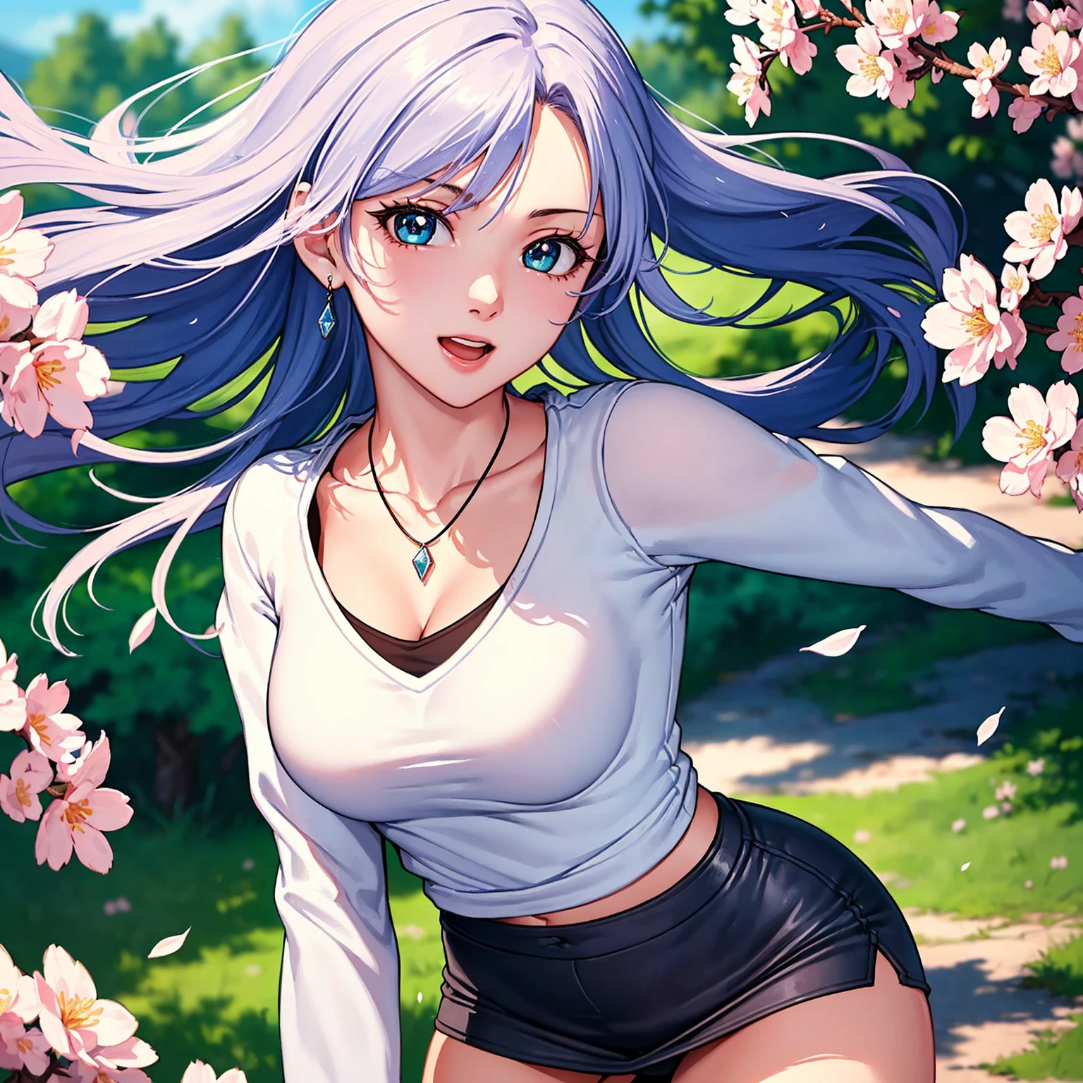 (top quality picture、masterpiece level、very high res、An ultra-high picture quality、High quality pixels)、(1girl in,She is a very beautiful woman、and she is 20 years old、1 person、Single、Beautiful beauties,Beautiful face written in detail,Beautiful body,Strong-willed eyes,Beautiful eyes,Beautiful hair,Beautiful skin texture,Beautiful hair quality)、(Slender body and beautiful breasts)、(Lovely smile,Open mouth)、(Wear a sweater with long sleeves,1 diamond necklace,wearing miniskirt,Wearing clothes that expose your shoulders,Beautiful legs are visible,adult-like),(A path lined with flourishing cherry blossom trees),(Beautiful Art Style,an animated character、The whole picture、Detailed picture、accurate anatomy、Defect-free images、extremely detailed picture、Accurate images、image perfect)、(Best Shot Photo 1.2)