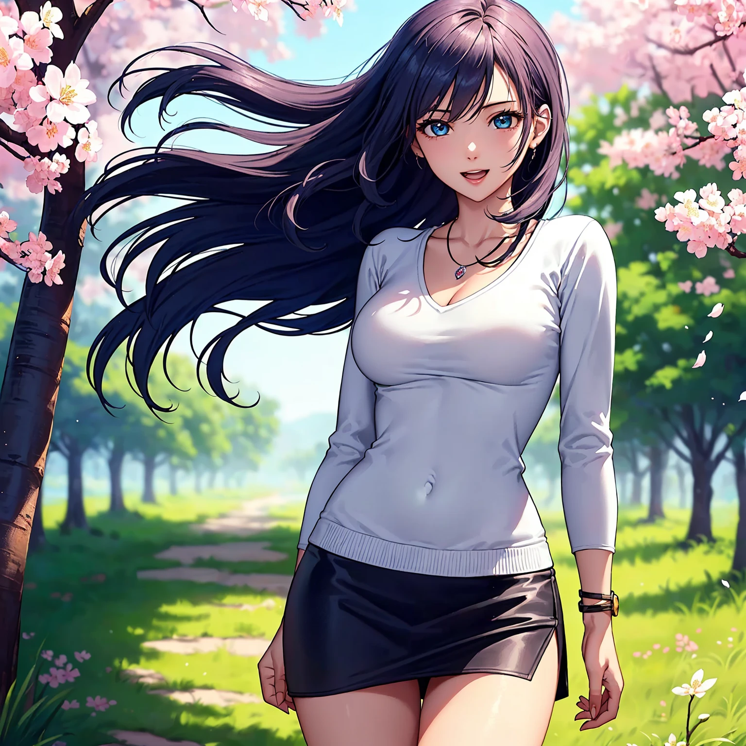 (top quality picture、masterpiece level、very high res、An ultra-high picture quality、High quality pixels)、(1girl in,She is a very beautiful woman、and she is 20 years old、1 person、Single、Beautiful beauties,Beautiful face written in detail,Beautiful body,Strong-willed eyes,beautidful eyes,Beautiful hair,Beautiful skin texture,Beautiful hair quality)、(Slender body and beautiful breasts)、(Lovely smile,Open mouth)、(Wear a sweater with long sleeves,1 diamond necklace,wearing miniskirt,Wearing clothes that expose your shoulders,Beautiful legs are visible,adult-like),(A path lined with flourishing cherry blossom trees,The wind is blowing,Styling hair by hand,hair affected by wind),(Beautiful Art Style,an animated character、The whole picture、Detailed picture、accurate anatomy、Defect-free images、extremely detailed picture、Accurate images、image perfect)、(Best Shot Photo 1.2)
