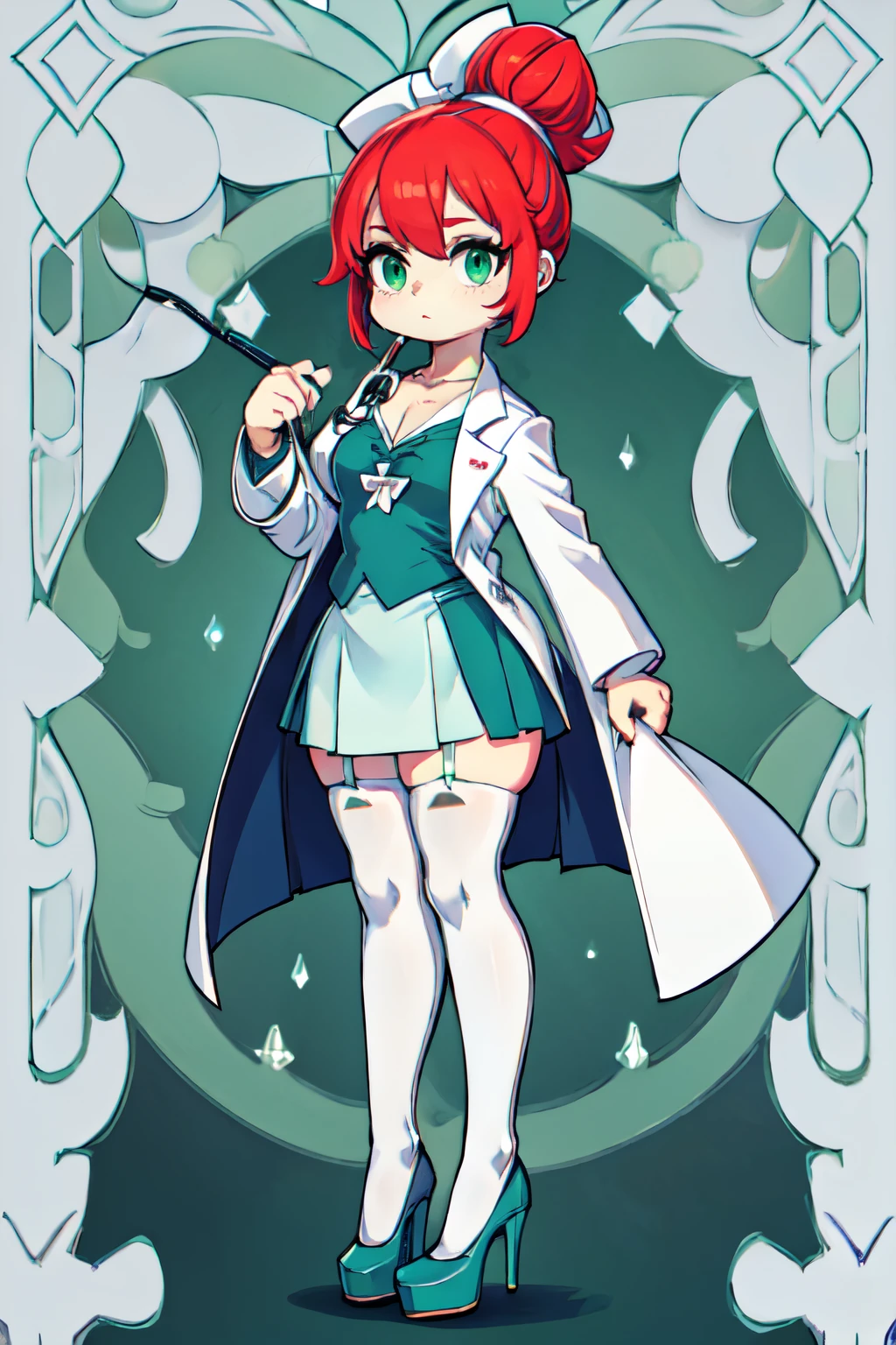 (masterpiece), best quality, 8k, Professional photography, highly detailed, green eyes, expressive eyes, BREAK, ((fluo green skin)), goblin girl, (((pastel red hair))), ((messy bun)), BREAK, (small breast), small hips, big waist:1.2, (red lips), eyeliner, (petite body:1.8), chubby, BREAK, ((Deep V-neck teal scrub top)), (form-fitting skirt with a daring slit), sleek white lab coat with a tailored silhouette, (((stethoscope around neck))), ((((white stockings)))), ((((classic white heels)))), combining modern femininity with medical professionalism, BREAK,