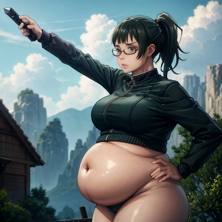 art by kipteitei, 1girl, dark green hair , hair in pony tail, maki zenin from the anime jujutsu kaisen, big plump belly, huge belly, pretty face, nose, lips, beautiful eyes, circle glasses, (best quality, masterpiece, 4k, sharp focus), professional photograph, sharp focus, dramatic, award winning, cinematic lighting, octane render, unreal engine, volumetrics dtx,
