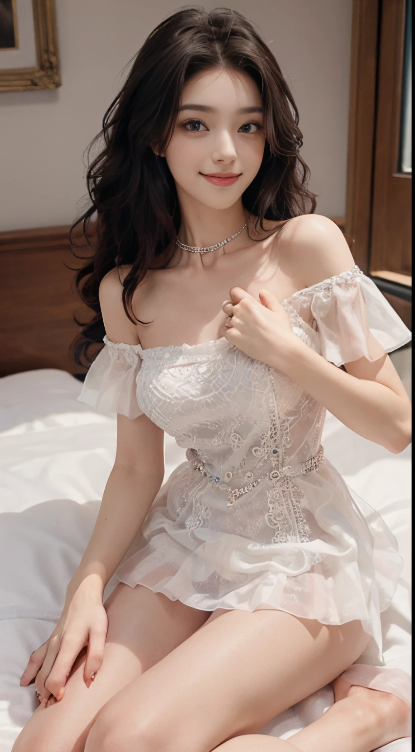 (A beautyful girl,young female model,Sweet girly outfit,Off-the-shoulder dress,jewely, (The white, Pink),posing in bed, Random shooting angle, posing elegantly,Deleite para la vista, tmasterpiece, Best quality at best, Extremely detailed description, Ultra-fine painting, delicated face, slim toned body, ssmile, Hefty Smile)