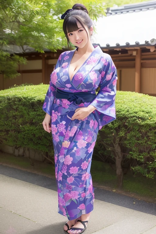 ((Wear a yukata)) 、((Huge:1.2)) 、((qulity:8k、)) 、((Beautie)) 、((40 years)) 、((Emphasizes cleavage))、(((Pose with the whole body))) 、samurai residence garden、