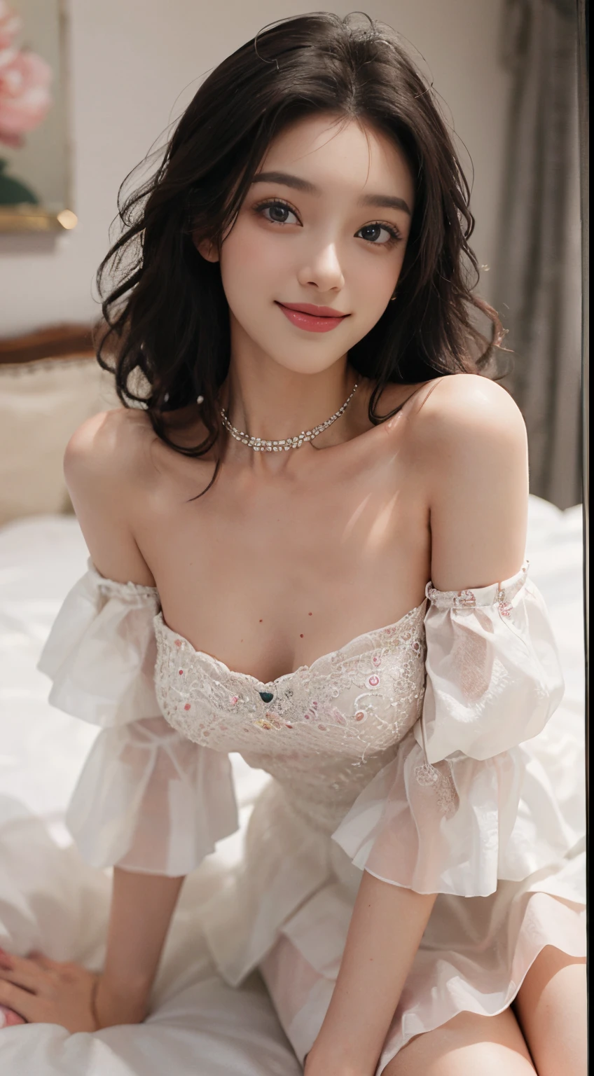 (A beautyful girl,young female model,Sweet girly outfit,Off-the-shoulder dress,jewely, (The white, Pink),posing in bed, Random shooting angle, posing elegantly,Deleite para la vista, tmasterpiece, Best quality at best, Extremely detailed description, Ultra-fine painting, delicated face, slim toned body, ssmile, Hefty Smile)