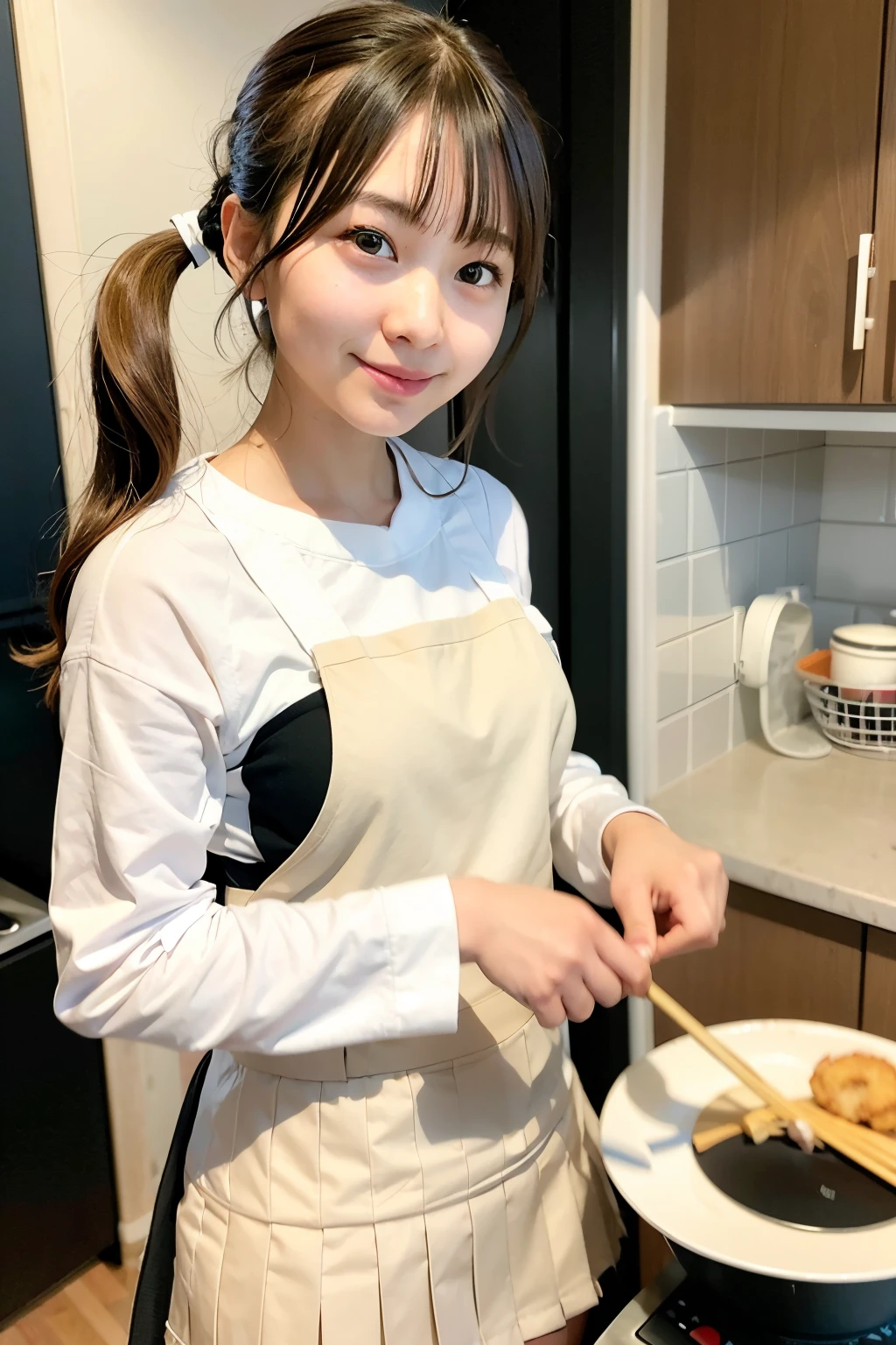 yoshida akihiko,
1girl, ahoge, apron, bangs, blonde hair, brown eyes, chopsticks, cooking, from side, frying pan, kitchen, long hair, long sleeves, miniskirt, pleated skirt, school uniform, shirt, side ponytail, sidelocks, skirt, solo, stove, white shirt