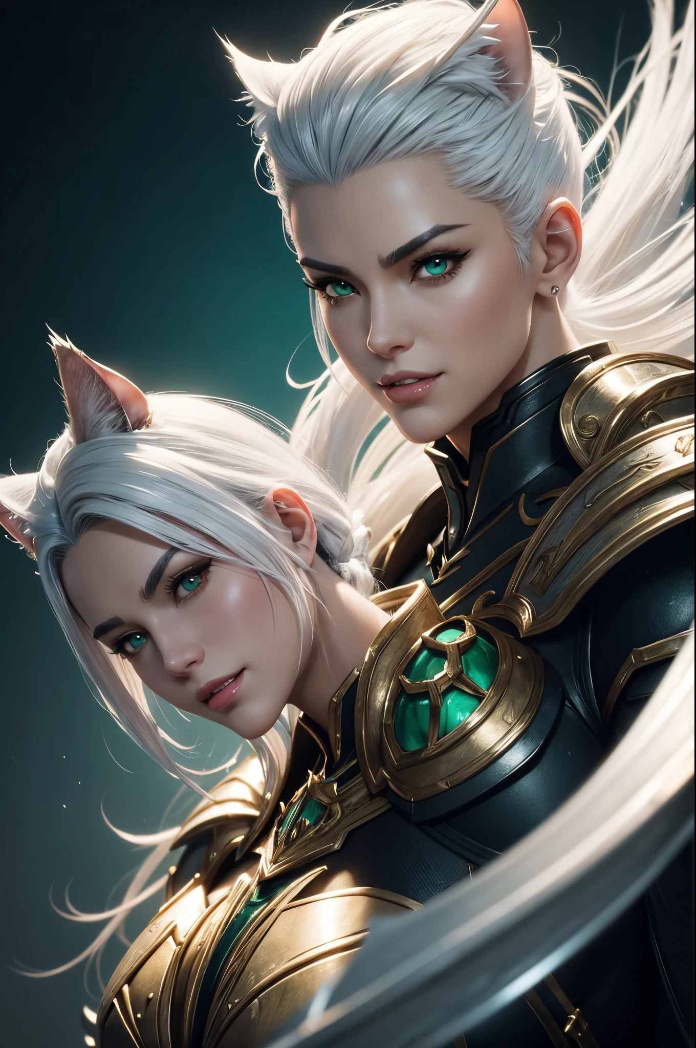 8K,magnificent fangs,white mohawk hair,Close-up of a mature woman wearing a costume with white cat ears(Like the real thing) had a male body,Muscular macho body like a man,gorgeous green and black armor,white mohawk hair,Luxurious decoration,Green eyes,super realistic skin,Fangs are visible from the mouth,Portrait of a knight, ig model | ArtGerm, very detailed Artgerm, fanart best artstation, 2. 5 d cgi anime fantasy artwork, gorgeous mature paladin, Detailed Digital Anime Art, Stunning character art, Alexandra Fomina Artstation, ArtGerm ; 3d unreal engine５,超A high resolution,kindly smile,robust,