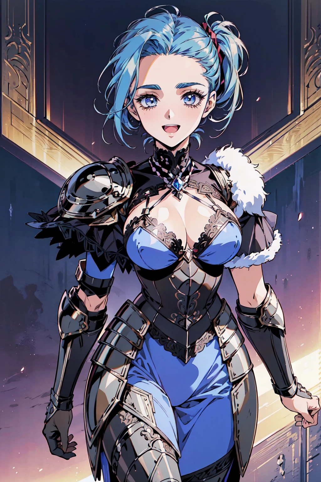 "(masterpiece:1.1), best quality,
1girl, (80s anime style:1.3), (eyelashes:1.5), (:1.2),
(intricate high detailed body:1.2),
(blue hair:1.1), (forehead, hair slicked back:1.2), (twintails, drill hair:1.2), (headband:1.2),
purple eyes, (thick eyebrows:1.1),
(pale skin:1.3), (muscular body:1.1), (gigantic breasts:1.5),
(happy, smile:1.2), blush, open mouth,
(high cut bikini armor, criss-cross halter:1.2),
(knight armor, armored boots, capelet:1.2), (fur:1.1), (jewelry:1.1), crystal necklace,
standing,
(upper body, cowboy shot, looking at viewer, from front:1.1),
medieval tavern"