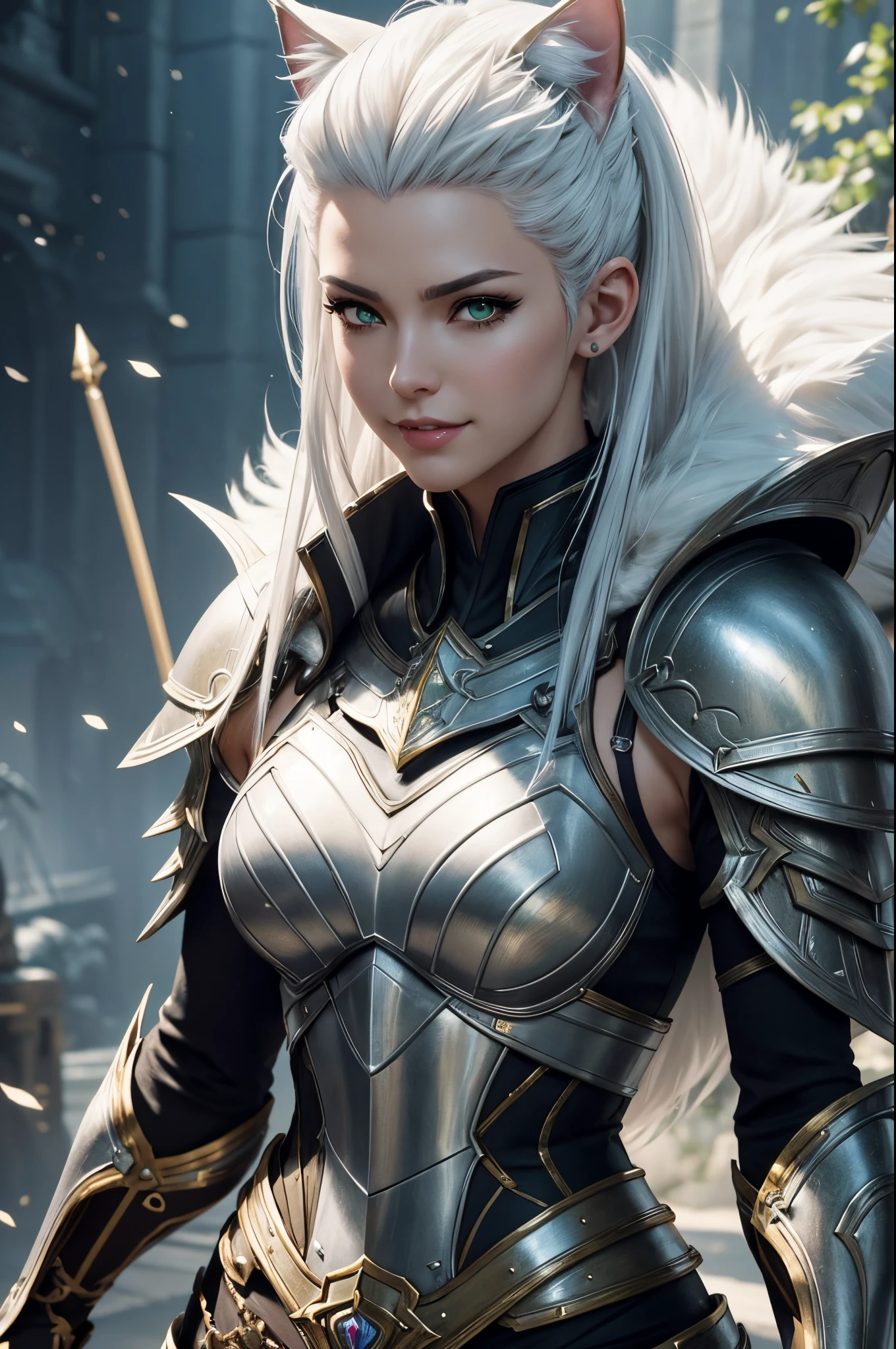 8K,magnificent fangs,white mohawk hair,Close-up of a mature woman wearing a costume with white cat ears(Like the real thing) had a male body,Muscular macho body like a man,gorgeous green and black armor,white mohawk hair,Luxurious decoration,Green eyes,super realistic skin,Fangs are visible from the mouth,Portrait of a knight, ig model | ArtGerm, very detailed Artgerm, fanart best artstation, 2. 5 d cgi anime fantasy artwork, gorgeous mature paladin, Detailed Digital Anime Art, Stunning character art, Alexandra Fomina Artstation, ArtGerm ; 3d unreal engine５,超A high resolution,kindly smile,robust,