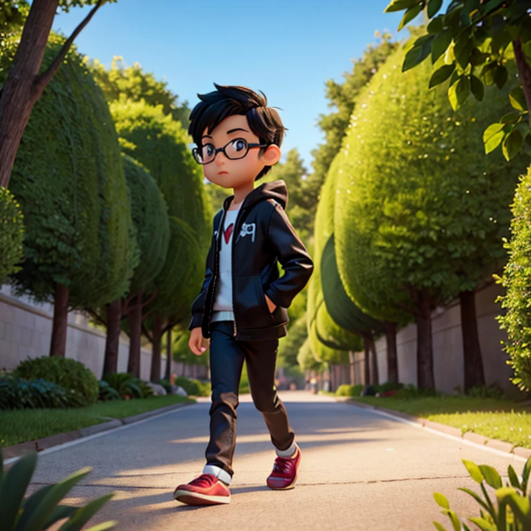 Disney poster, chibi, male ager walking to the park, park with forest, eyeglass black hair black jacket, watching the scenery, solo
