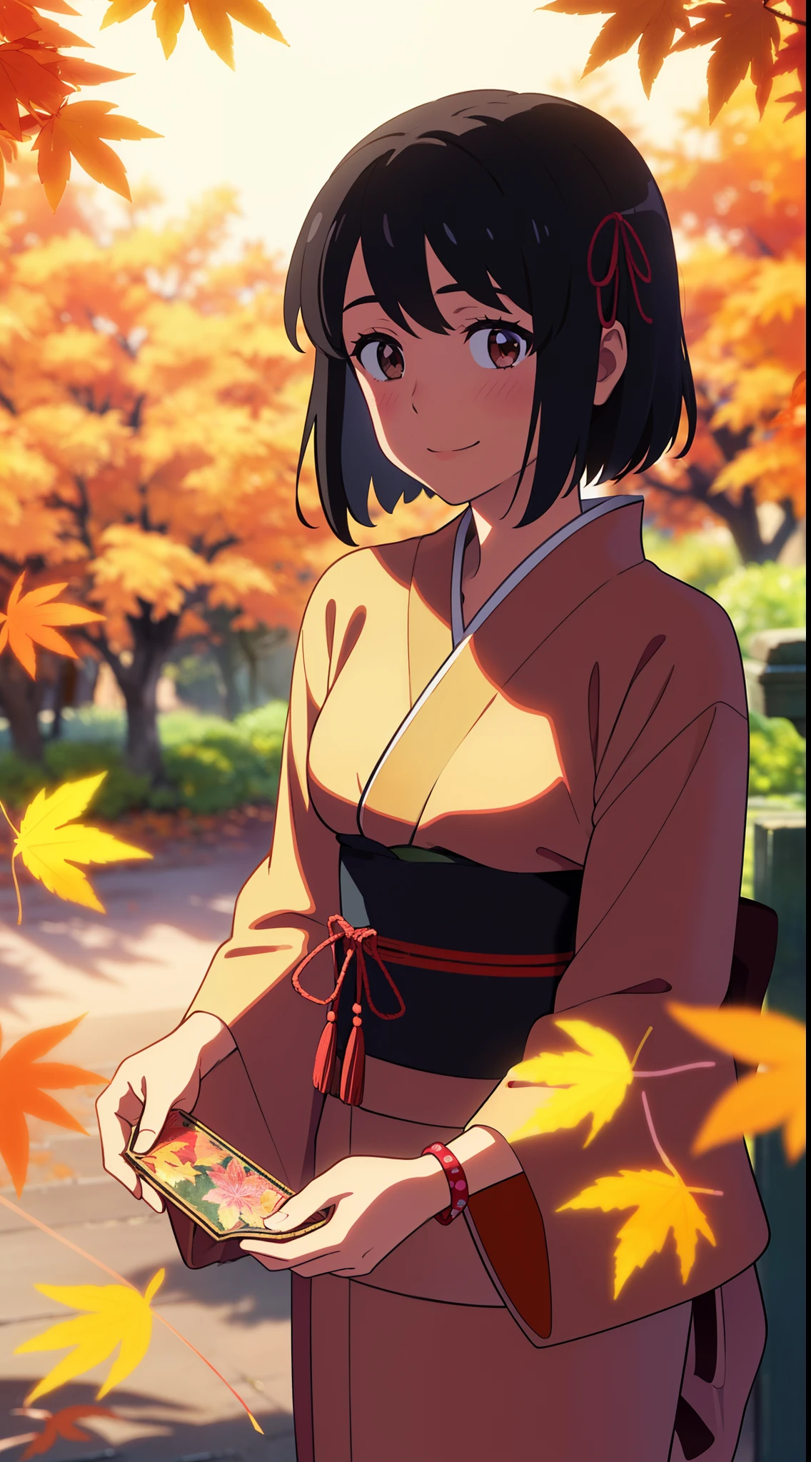 (masterpiece, best quality, high quality, highres, ultra-detailed), shinkai makoto, kimi no na wa., 1girl, bangs, black hair, blush, bright eyes, brown eyes, headband, looking at the viewer, red bow, red headband, red ribbon, japanese clothes, kimono, floral print, sash, obi, print kimono, yukata, short hair, medium breasts, solo, day, Outdoors, sunlight, shiny skin, standing, shadow, smile, happy, bracelet, upper-body, {{{{{{in autumn}}}}}}, maple tree, falling leaves, autumn scenery, warm color., beautiful, pretty, {{{{fluttering leaves}}}}