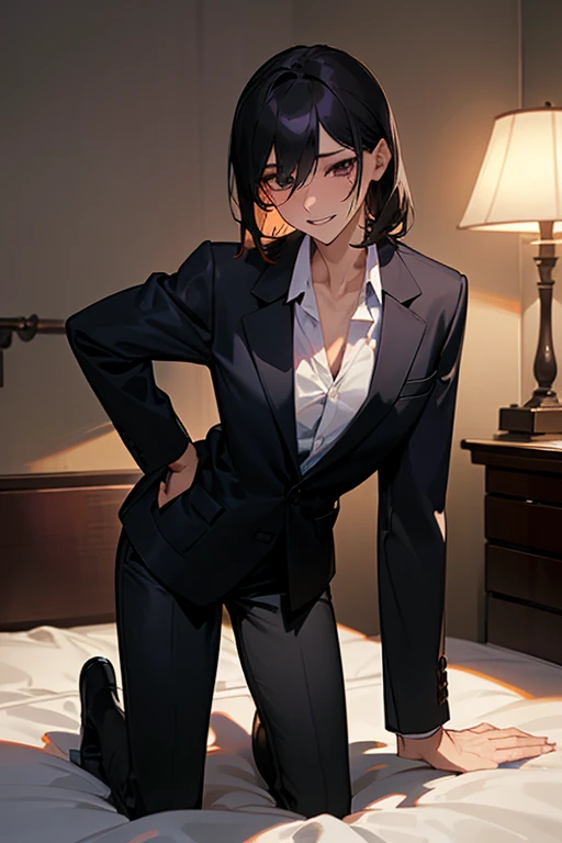 ((best quality)), ((tomboy)) wearing a tuxedo, cityscape, sitting in chair, night, pixie cut, small breasts, black pants, crossed legs, smile, solo, Beautiful Lighting