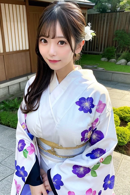 ((Wear a yukata)) 、((Huge:1.2)) 、((qulity:8k、)) 、((Beautie)) 、((40 years)) 、((Emphasizes cleavage))、(((Pose with the whole body))) 、samurai residence garden、tits out、(Photorealsitic:1.4), (Top image quality:1.0), (超A high resolution:1.0), 8K, Raw photography, (masterpiece:0.2), (pureerosface_v1:0.5)、(Best Quality Detail:1.2)、realisitic、8K UHD、hight resolution、(1girl in:1.2)、The ultra-detailliert、High quality textures、intricate detailes、micromini、thighs thighs thighs thighs、large full breasts、Wide open chest、detaileds、Very detailed CG、High quality shadows、Detail Beautiful delicate face、Detail Beautiful delicate eyes、depth of fields、Ray traching,1girl in, japanaese girl, Cute, slender, appearance々Kimono with design, Kimono with Japanese pattern,Floral scrunchie, Beautiful skin, Facing the front,Sit down, Sit upright and say thank you,Align your hands elegantly,Smile faintly The Land of Japan,Japanese garden,Luxury Japanese-style room, skyporn, Magic Hour, (Realistic:1.3), Finely detailed, quality, (masutepiece:1.2), (Photorealistic:1.2), (Best Quality), (Intricate details), Dramatic, Ray tracing, photograph,