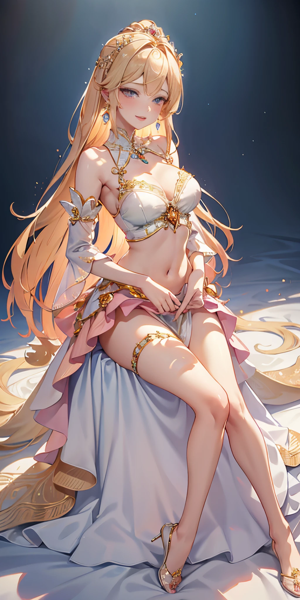 peach color, (one princess wearing sexy princess dress with transparent lace sleeves), (photorealistic:1.4), (masterpiece, sidelighting, finely detailed beautiful eyes: 1.2), Dynamic pose, masterpiece*portrait, realistic, 3d face, glowing eyes, shiny hair, lustrous skin, solo, (midriff), extreme long hair, smile, from blow, (masterpiece), best quality, embarrassed, necklace, earrings,