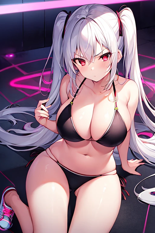 1girl, large breasts, wide hips, white hair, long hair, red eyes, serious, twintails, bikini, black bikini, v-string, shoes, sneakers, neon, neon trim, ((neon trim))