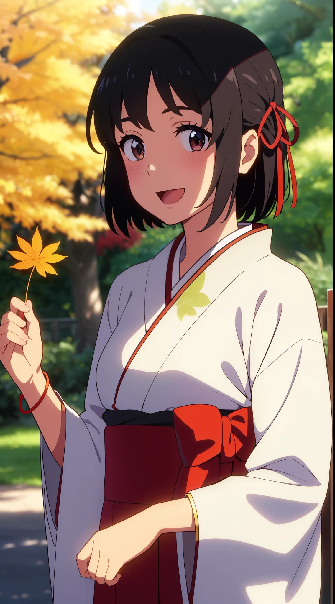 (masterpiece, best quality, high quality, highres, ultra-detailed), shinkai makoto, kimi no na wa., 1girl, bangs, black hair, blush, bright eyes, brown eyes, headband, looking at the viewer, red bow, red headband, red ribbon, japanese clothes, kimono, floral print, sash, obi, print kimono, yukata, short hair, medium breasts, solo, day, Outdoors, sunlight, shiny skin, standing, shadow, smile, happy, :D, bracelet, upper-body, {{{{{{in autumn}}}}}}, maple tree, falling leaves, autumn scenery, warm color., beautiful, pretty, {{{{fluttering leaves}}}}