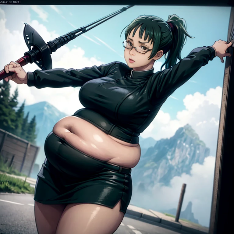 art by kipteitei, 1girl, dark green hair , hair in pony tail, maki zenin from the anime jujutsu kaisen, big plump belly, huge belly, fat belly, pretty face, nose, lips, beautiful eyes, circle glasses, (best quality, masterpiece, 4k, sharp focus), professional photograph, sharp focus, dramatic, award winning, cinematic lighting, octane render, unreal engine, volumetrics dtx,