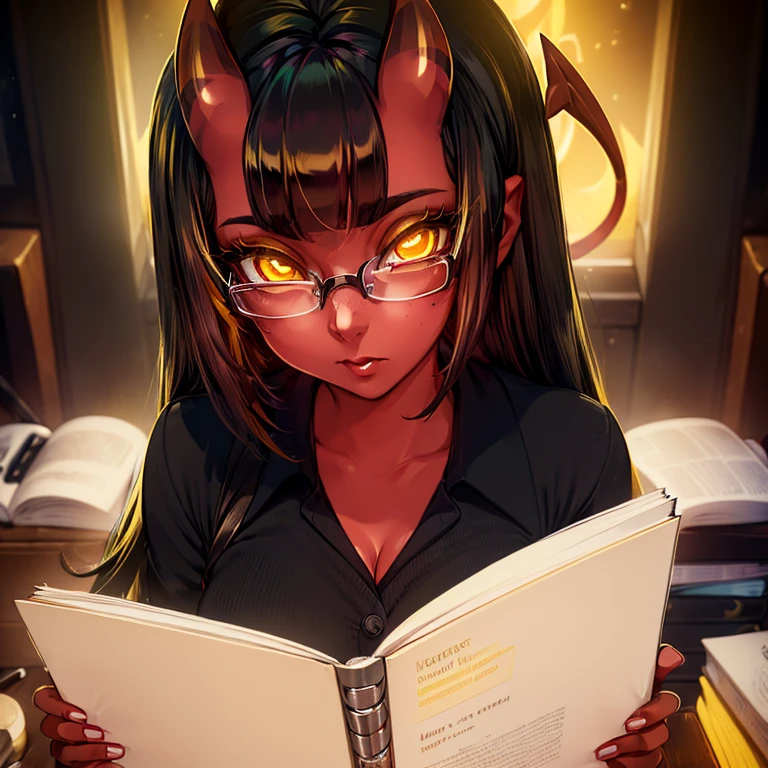 (dark skin), purple hair, (best quality, masterpiece), sitting, looking at the viewer, hands on the table, table in front, office background, 1woman, neckline, mini skirt, white shirt, large breasts, large thighs, dark skin, glasses, short, dark skin, solo,, standing, scales, dark red dragon horns, dark red dragon tail, subtle paterns of bright shades of purple along its limbs and tail, red eyes