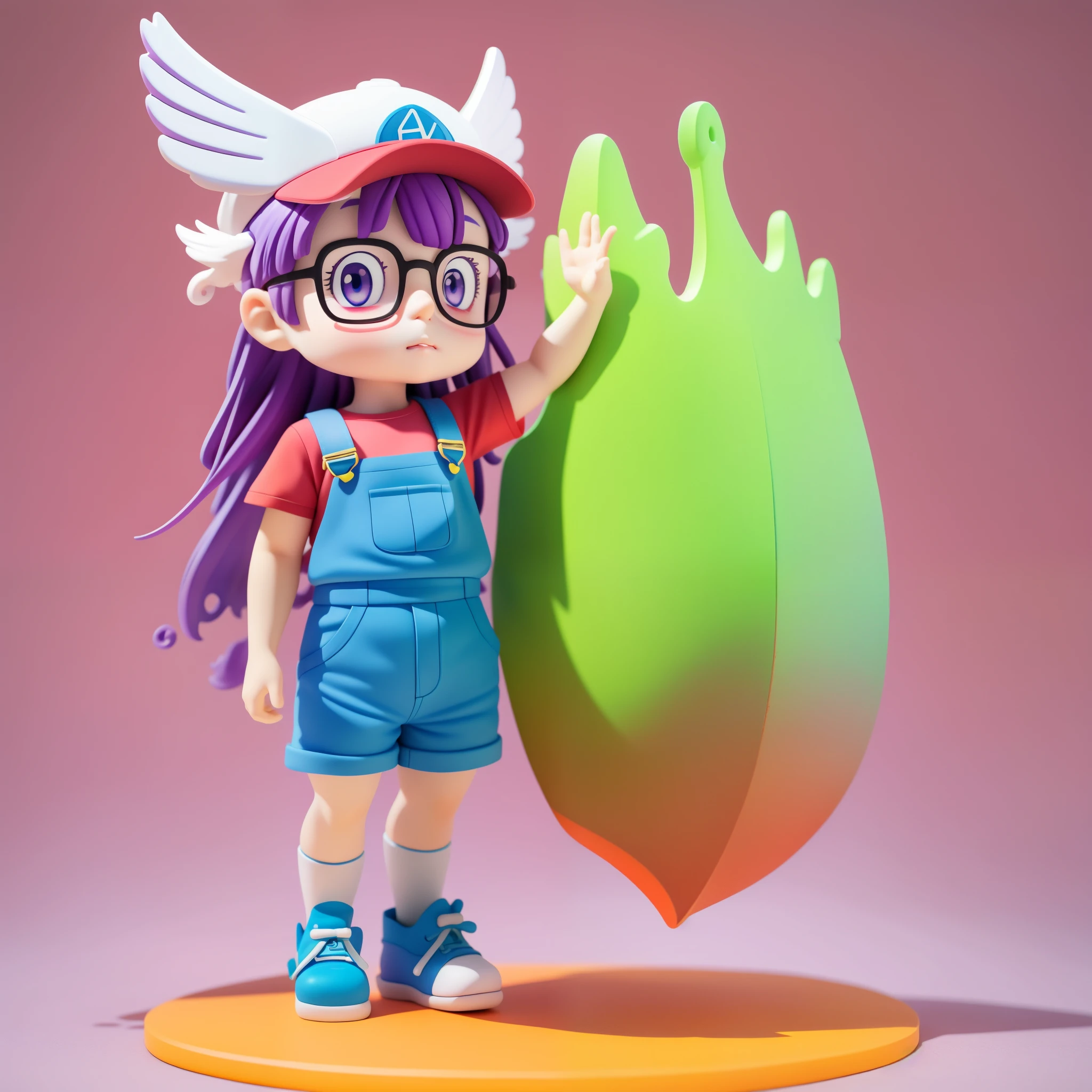 (tmasterpiece), (Better quality), (ultra - detailed), (Full body lesbian: 1.2) Beautiful and cute , Ala Le, eye glass, eBlue eyes, long whitr hair, Purple colored hair, short- sleeved, wing cap, Red Hat, (With the word "Ala Le":1), (wing cap:1.5), Red shirt, blue overalls,Fruit theme, Pastel tonal background , Colorful and simple.Clay texture,Step on the ground,Add a base,