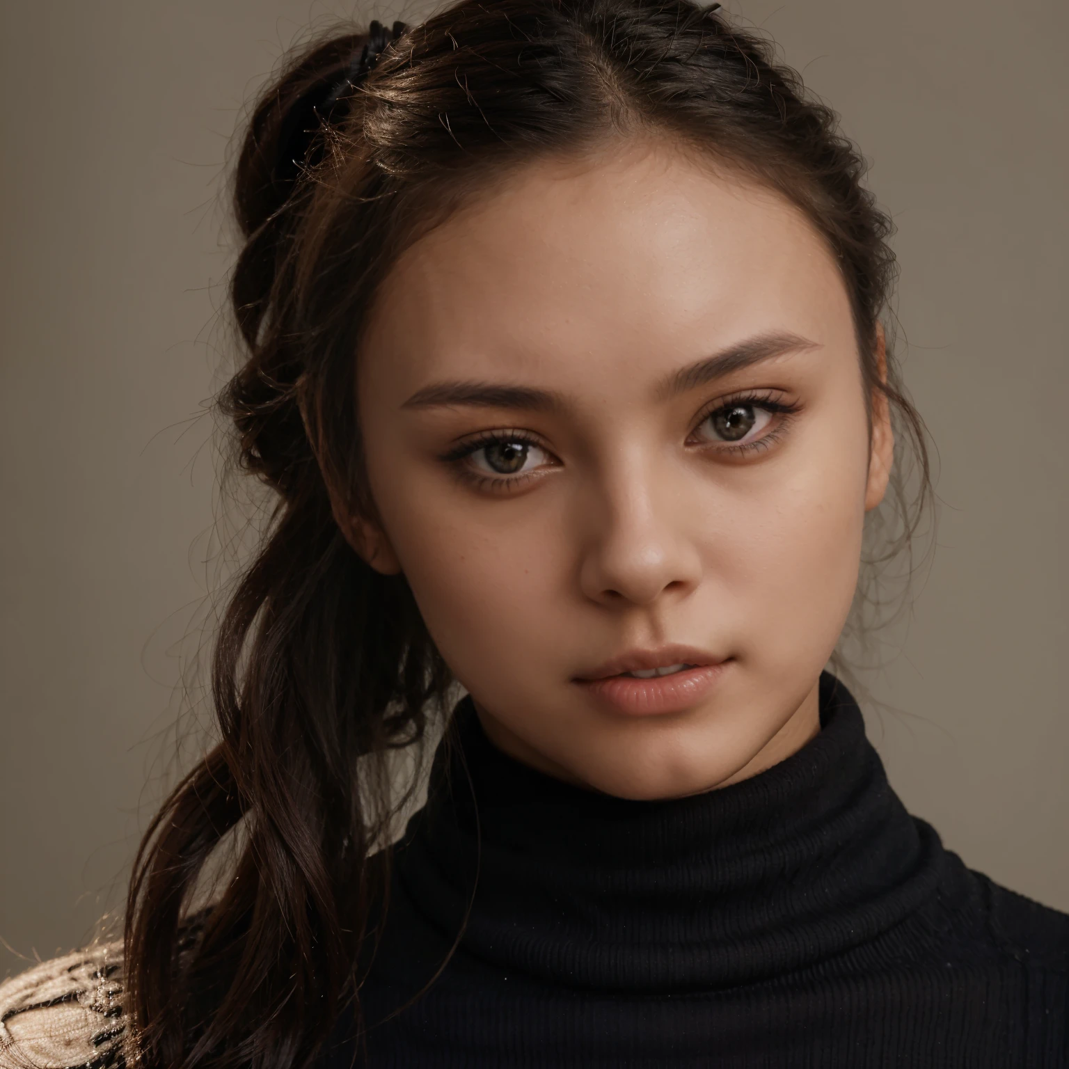 Woman wearing a black turtleneck, hair pulled back, face straight, close-up, cute woman, young woman, Korean model, black