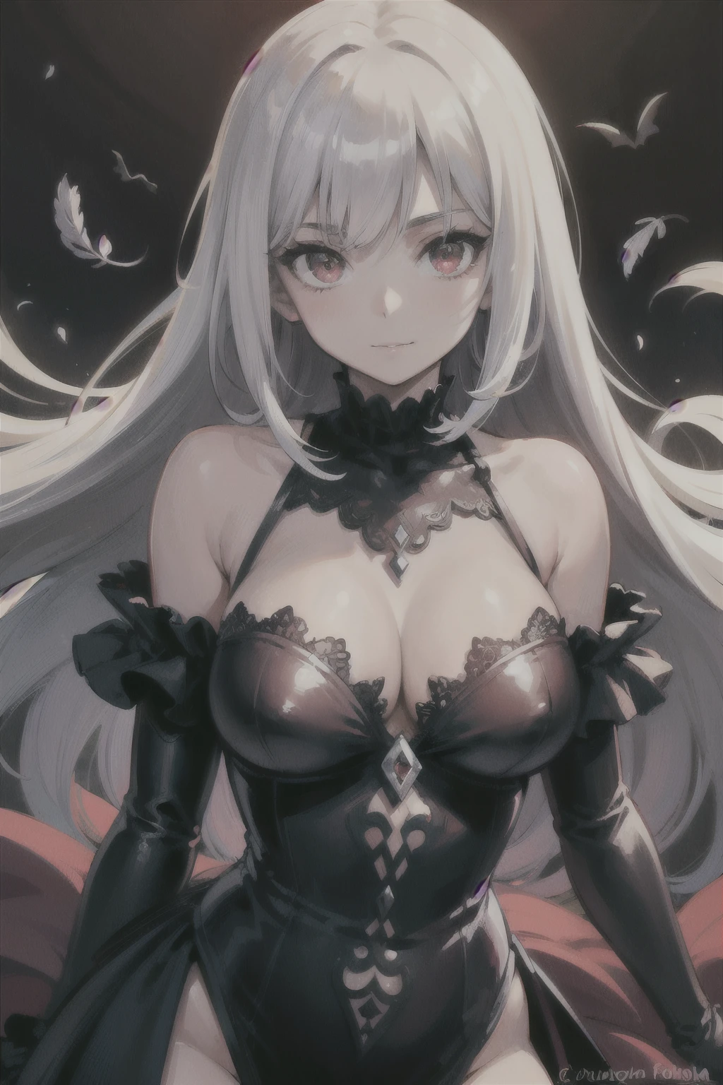 8k、4k、((Best Quality)), ((masutepiece)), (Detailed), Perfect face、perfect bodies、Highly detailed portrait of a beautiful Gothic vampire woman of the devil with Victorian decoration, Perfect body, (Realistic adult woman), (Detailed red sky), (Detailed Gothic suit), (Detailed red eyes). (Dramatic Lighting), ((masutepiece)), ((crows)), ((perfect detailed hand)), Detailed Cloud, ((intricate detailes)), (((Adult Woman))), Red jewel-like eyes, (Floating hair), cabelos preto e longos, (Haze), Moonlight, ((Surrounded by floating feathers)), Focus on the subject, Chiaroscuro, Wind, chies, HD wallpaper, uhd image, Full body,((((Nine-tailed white fox))))masutepiece, Best Quality , 1 girl, White hair, Long hair, Detailed eyes, Forrest Gump, Bare shoulders, pure, Soft smile, curvaceous hips, Antique feel, ,