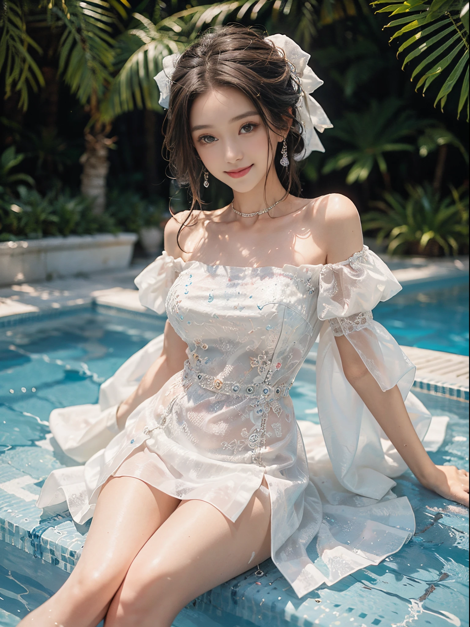 (A beautyful girl,young female model,Sweet girly outfit,Off-the-shoulder dress,jewely, (The white, blue), Splash in the swimming pool, Random shooting angle, posing elegantly,Deleite para la vista, tmasterpiece, Best quality at best, Extremely detailed description, Ultra-fine painting, delicated face, slim toned body, ssmile, Hefty Smile)