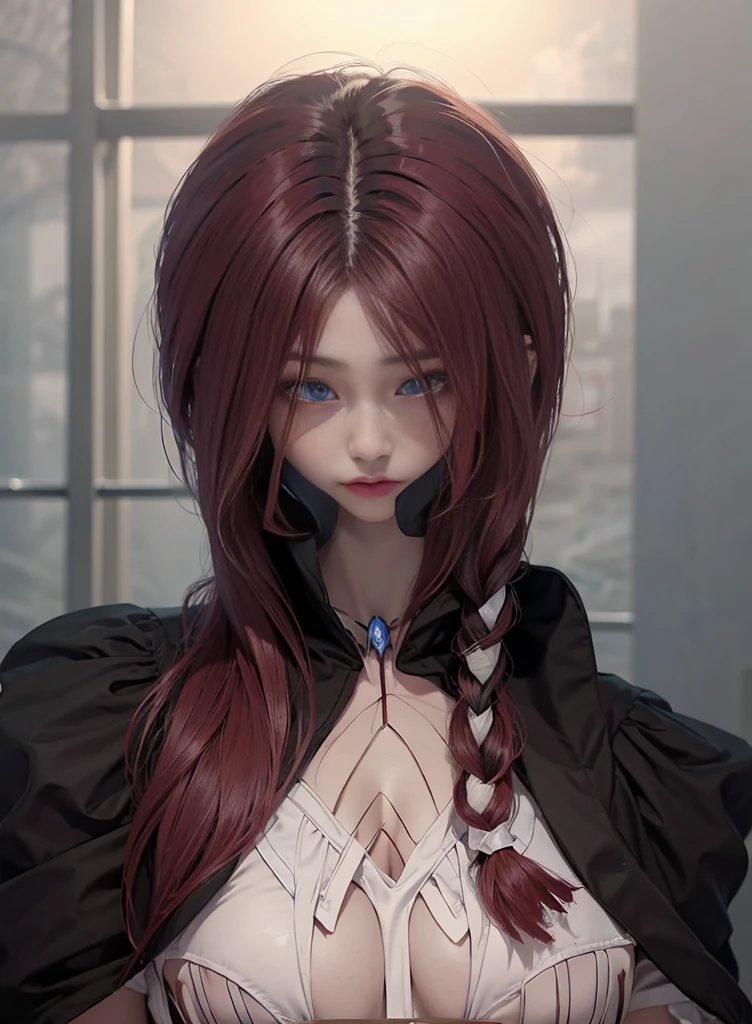 fluorescent red hair long hair,Nice face,red bikinis,Heterochromatic pupil,apathy,face expressionless,fully body photo