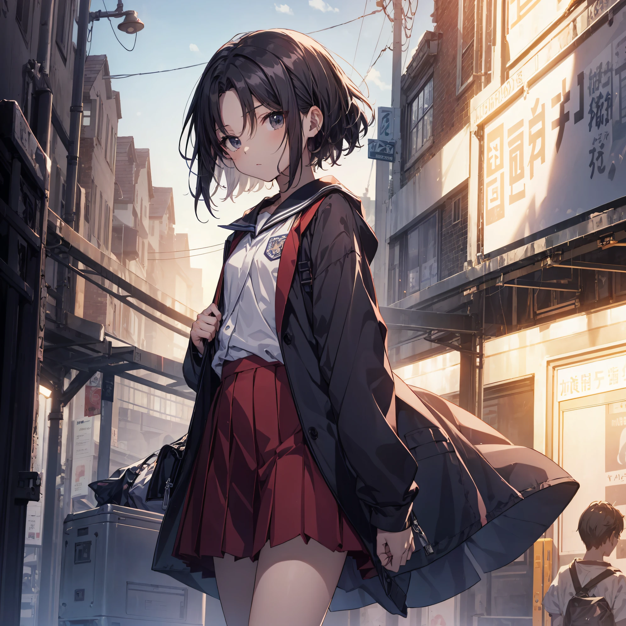 of the highest quality, anime moe art style,Best Anime 8K Konachan Wallpapers,Pixiv Contest Winner,Badass Anime 8K,Perfect Anatomy, (Draw a girl sleepily walking to school. ),BREAK, 1girl in, (Solo,Lori,child,13years:1.3),a junior high school student, Androgynous attraction, (Very short hair),hair messy, Full limbs, complete fingers,flat chest, Small butt, groin, Small eyes,Precise black eyes,disgusted eye, School uniform, Skirt,On the way to school. BREAK,Ultra-detailed,High resolution,super detailed skin, Professional Lighting, (cool illustration:1.2),