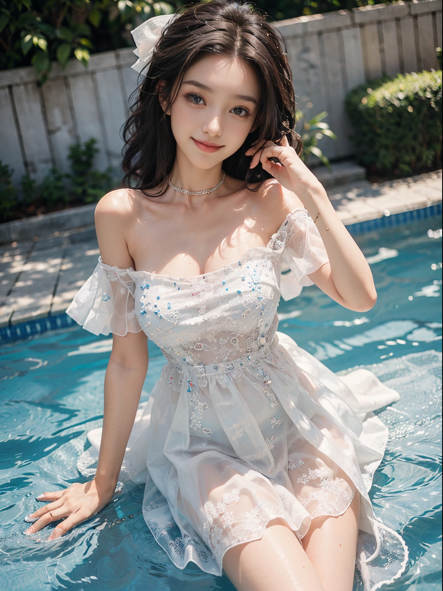 (A beautyful girl,young female model,Sweet girly outfit,Off-the-shoulder dress,jewely, (The white, blue), Splash in the swimming pool, Random shooting angle, posing elegantly,Deleite para la vista, tmasterpiece, Best quality at best, Extremely detailed description, Ultra-fine painting, delicated face, slim toned body, ssmile, Hefty Smile)