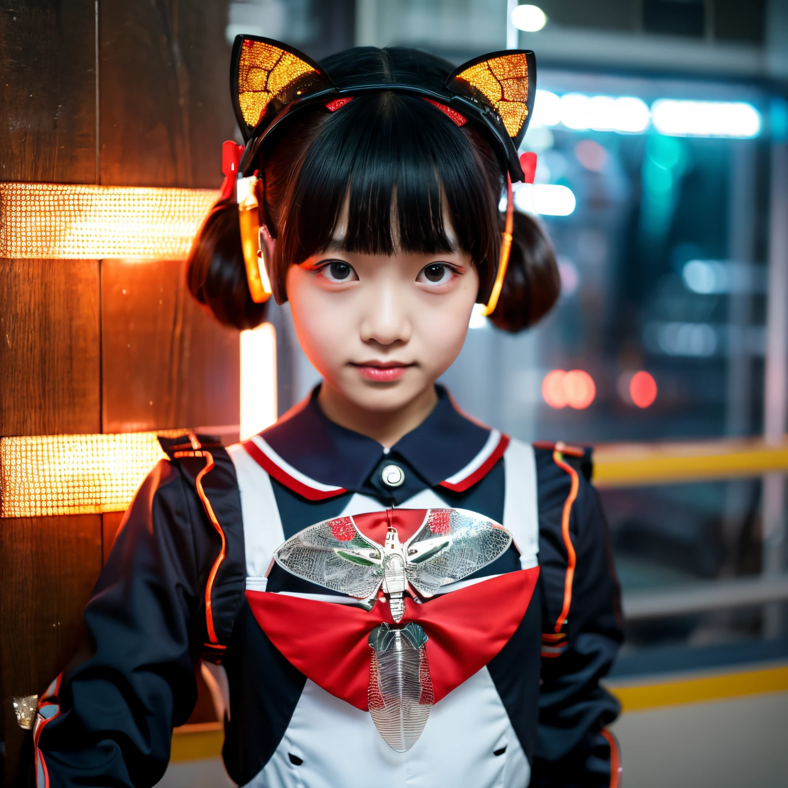 Robot made from insect parts Girl in a sailor suit singapura in military uniform neons gotik Sateen