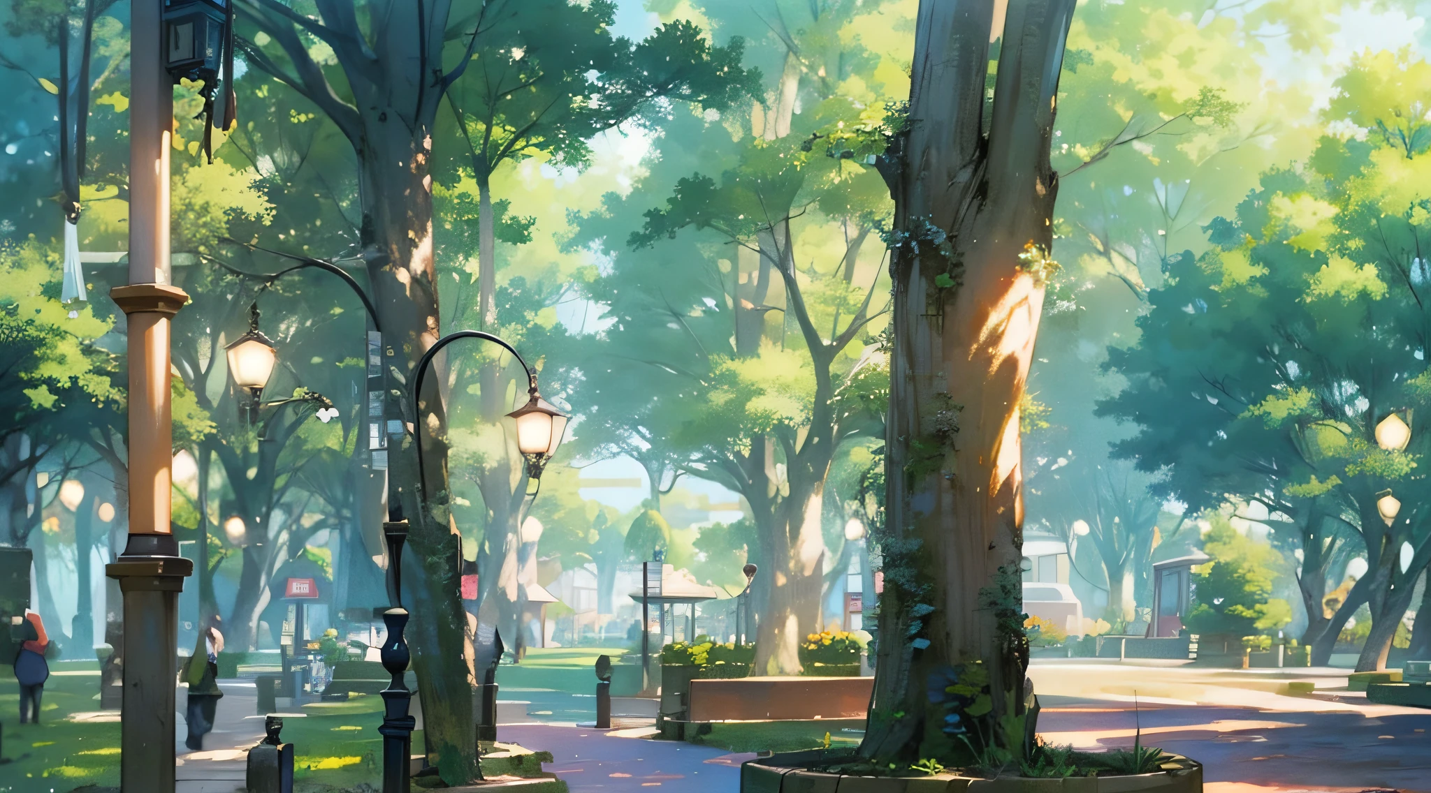 (ghibli style background illustration), park, trees, garden lamp, day time,