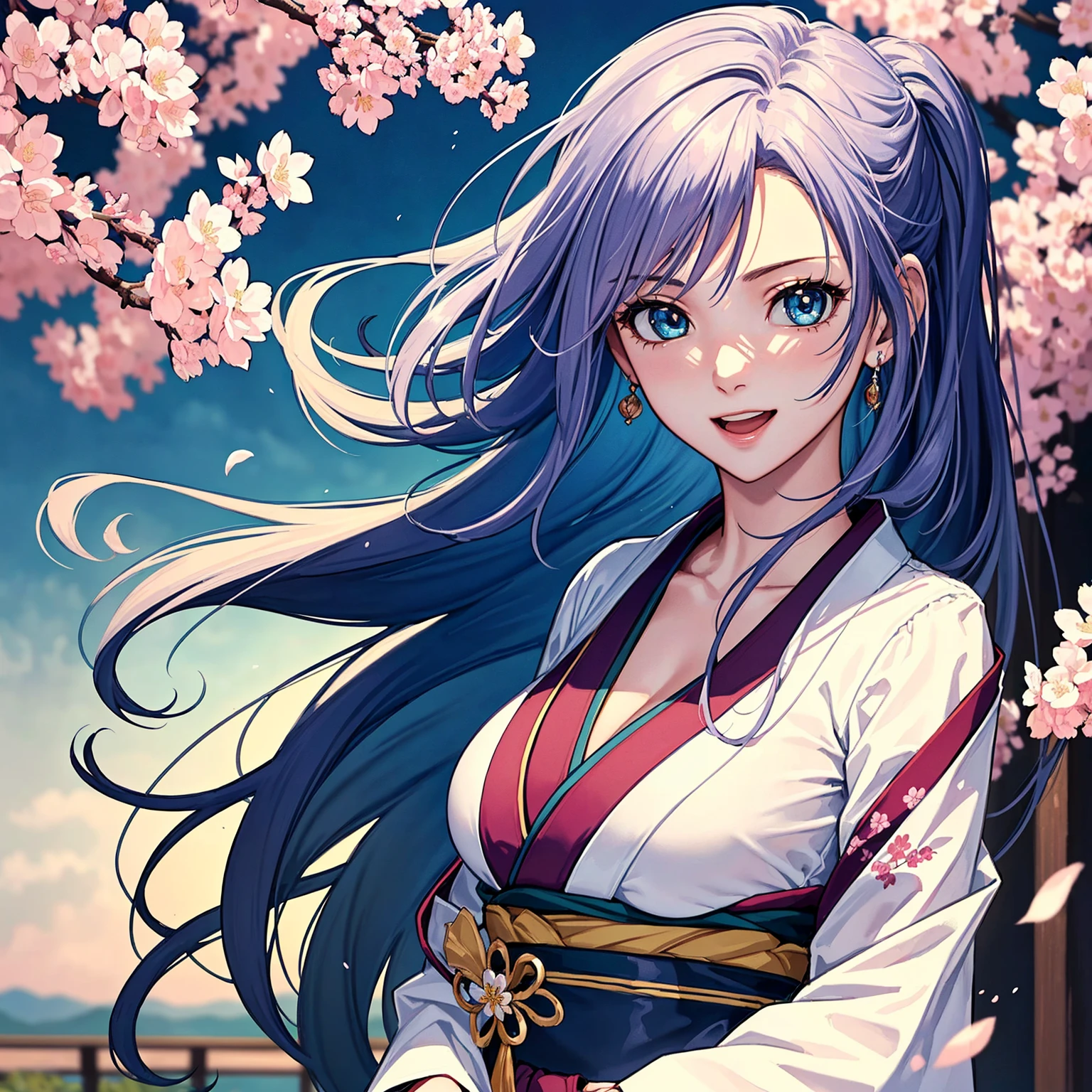 (top quality picture、masterpiece level、very high res、An ultra-high picture quality、High quality pixels)、(1girl in,She is a very beautiful woman、and she is 20 years old、1 person、Single、Beautiful beauties,Beautiful face written in detail,Beautiful body,Strong-willed eyes,Beautiful eyes,Beautiful hair,Beautiful skin texture,Beautiful hair quality)、(Slender body and beautiful breasts)、(Lovely smile,Open mouth)、(I am wearing a beautiful colored long-sleeved kimono,She has a beautiful long-sleeved kimono,Wearing furisode,adult-like),(A path lined with flourishing cherry blossom trees,The wind is blowing,Styling hair by hand,hair affected by wind,Furisode affected by wind),(Beautiful Art Style,an animated character、The whole picture、Detailed picture、accurate anatomy、Defect-free images、extremely detailed picture、Accurate images、image perfect)、(Best Shot Photo 1.2)