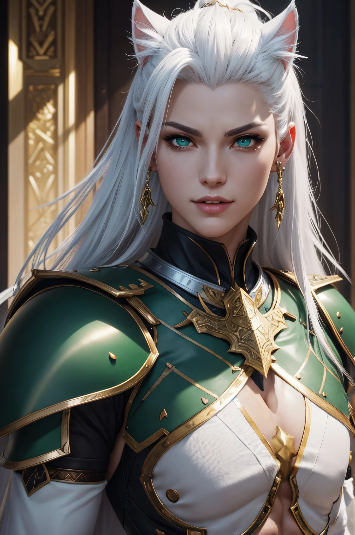 8K,muscular muscular male body,White chest armor,超A high resolution,A hyper-realistic,