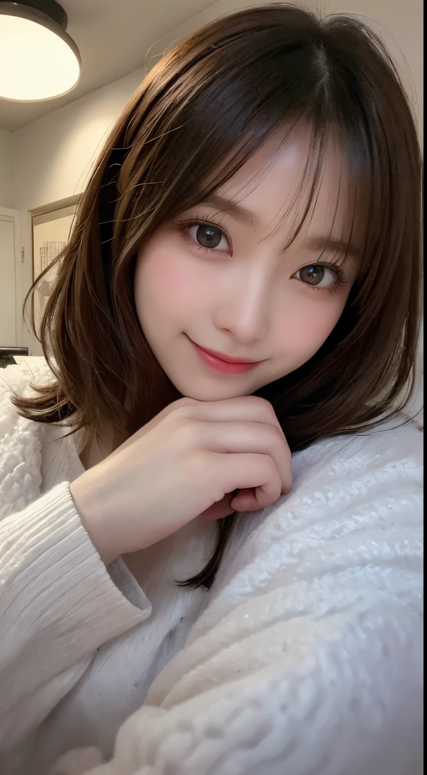 masutepiece, Best Quality, Illustration, Ultra-detailed, finely detail, hight resolution, 8K Wallpaper, Perfect dynamic composition, Beautiful detailed eyes, fluffy winter clothes,Medium Hair,small tits,Natural Color Lip, Bold sexy poses,Smile,Home()a room、20 years girl、Cute、Sexy shot looking at camera