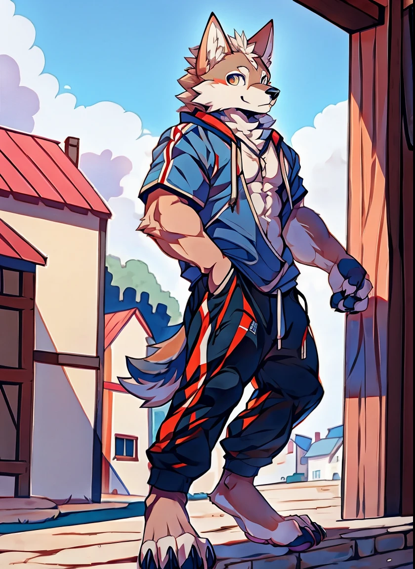Human-wolf，musculous，Full Body Furry，paws with claws，pass upright，The upper body is naked，Short sweatpants，towns
