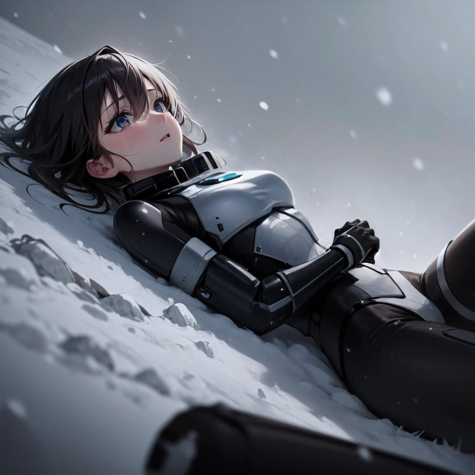 Endless snowfield scenery ,1girl lying alone on her back, I want to cry ,Outerwear,nevando,Feelings of helplessness,An atmosphere of sadness,Cinematic,Rule of thirds composition