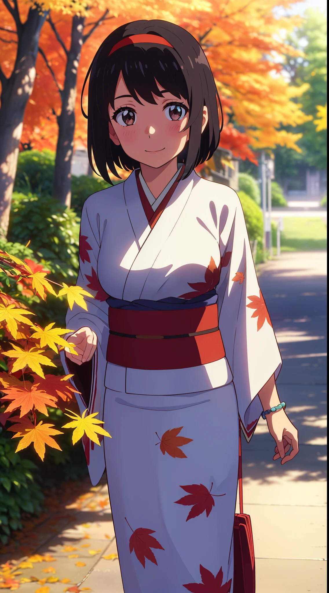 (masterpiece, best quality, high quality, highres, ultra-detailed), shinkai makoto, kimi no na wa., 1girl, bangs, black hair, blush, bright eyes, brown eyes, headband, looking at the viewer, red bow, red headband, red ribbon, japanese clothes, kimono, floral print, sash, obi, print kimono, yukata, short hair, medium breasts, solo, day, Outdoors, sunlight, shiny skin, standing, shadow, smile, happy, bracelet, {{{{{{in autumn}}}}}}, maple tree, falling leaves, autumn scenery, warm color., beautiful, pretty, {{{{fluttering leaves}}}}