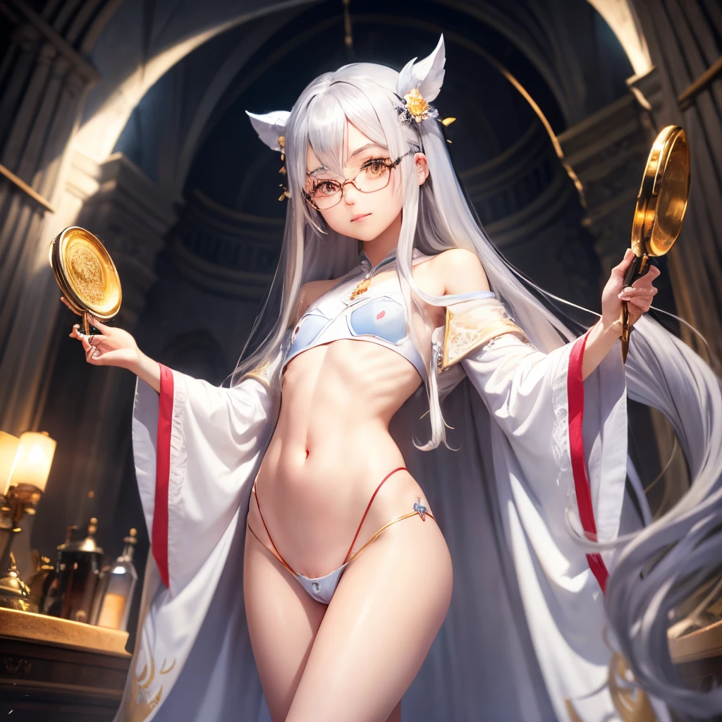Long silver hair、hime-cut、Golden Eyes、eye glasses、ssmile、early age girls、flat chest、Thin pubic hair、Beautiful open legs、bath robe、battle field