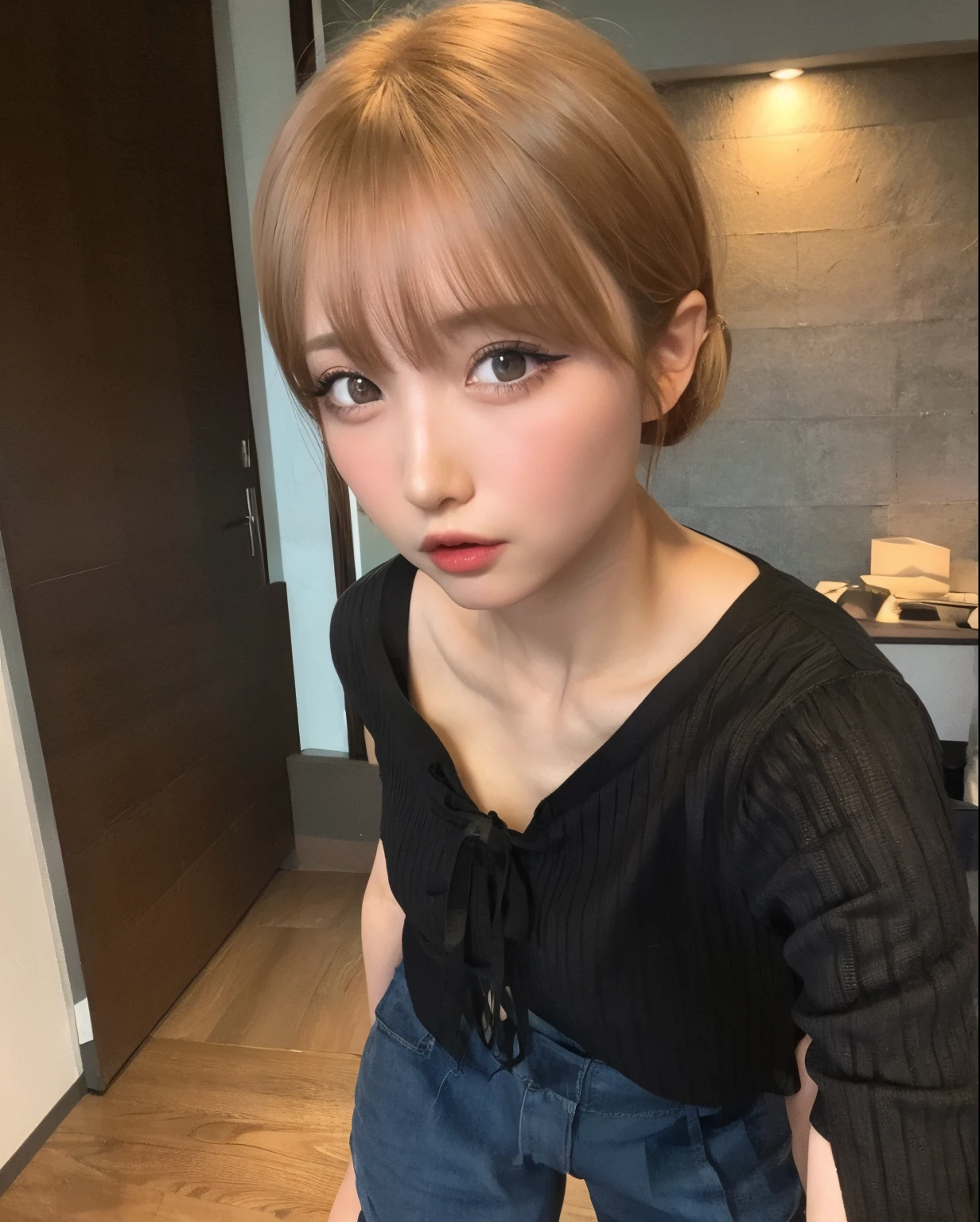 longeyelashes, Solid Circle Eyes, POV, Straight hair, Long hair, Red hair, huge tit, eyeballs, makeup, drop shadow, high detailing, 8K, Super Detail, ccurate, Best Quality, Textured skin, Full body image, expressions, Face, Angry eyes, angry expressions, From above, Wear black suit pants, Wearing a black men's suit, on the bed, Lying down