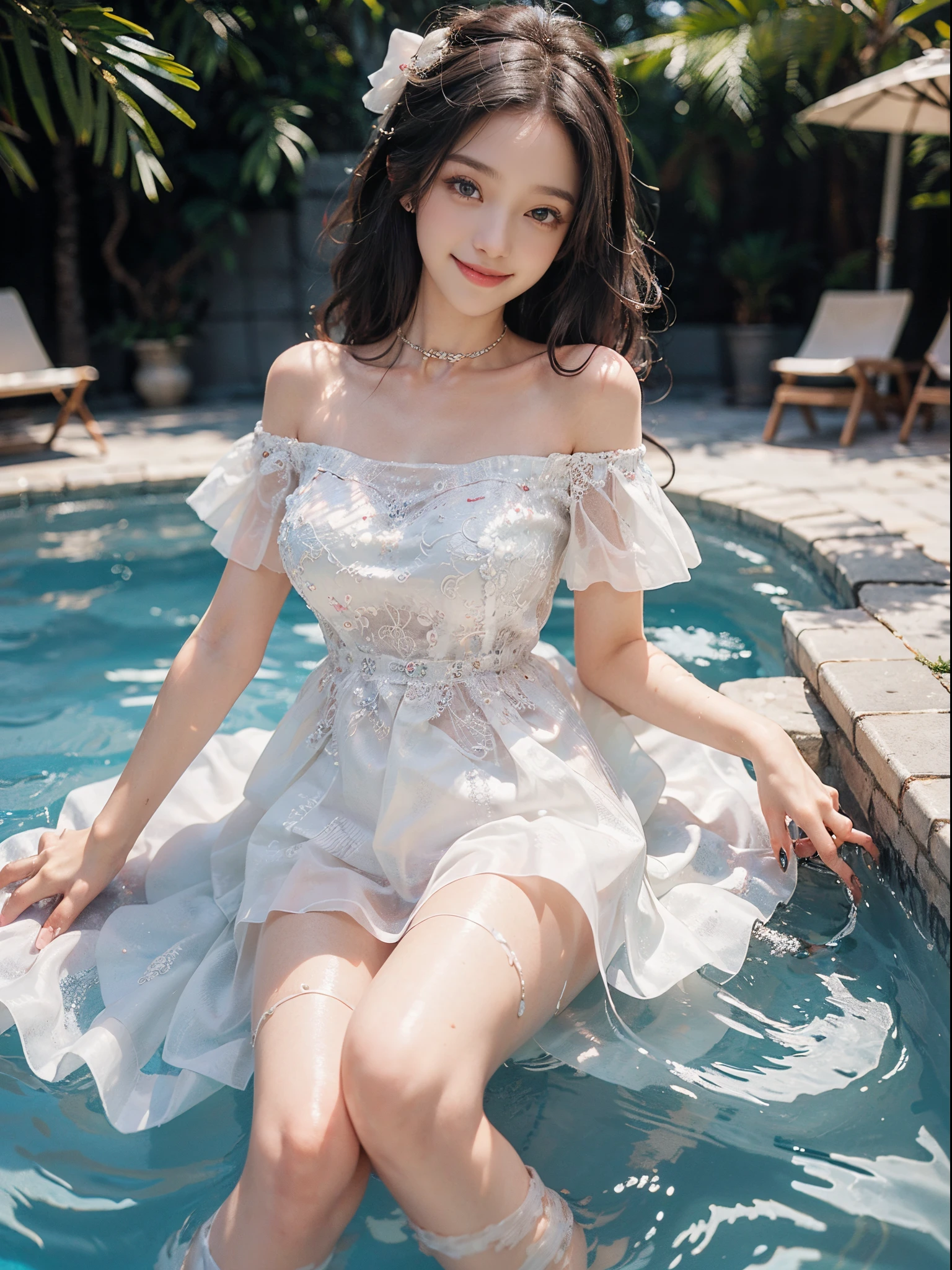 (A beautyful girl,young female model,Sweet girly outfit,Off-the-shoulder dress,jewely, (The white, blue), Splash in the swimming pool, Random shooting angle, posing elegantly,Deleite para la vista, tmasterpiece, Best quality at best, Extremely detailed description, Ultra-fine painting, delicated face, slim toned body, ssmile, Hefty Smile)