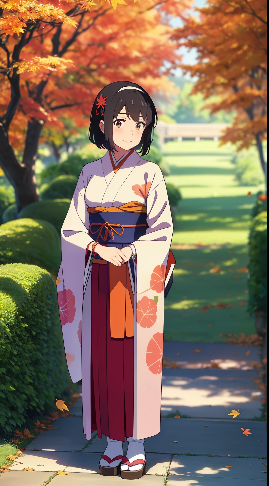 (masterpiece, best quality, high quality, highres, ultra-detailed), shinkai makoto, kimi no na wa., 1girl, bangs, black hair, blush, bright eyes, brown eyes, headband, looking at the viewer, red bow, red headband, red ribbon, japanese clothes, kimono, floral print, sash, obi, print kimono, yukata, short hair, medium breasts, solo, day, Outdoors, sunlight, shiny skin, standing, shadow, smile, happy, bracelet, {{{{{{in autumn}}}}}}, maple tree, falling leaves, autumn scenery, warm color., beautiful, pretty, {{{{fluttering leaves}}}}